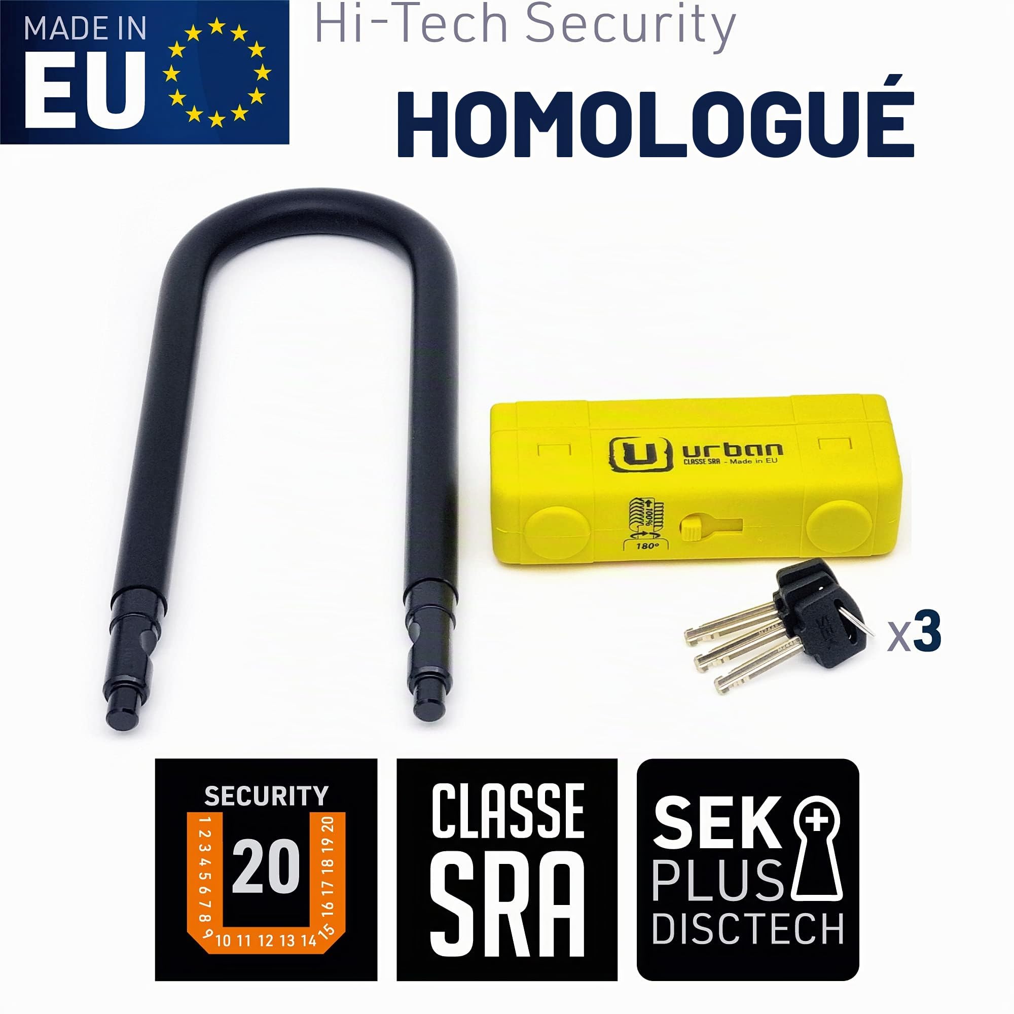 URBAN UR85250Y Antivol Moto Homologué SRA, U ø18 Sécurité Maximale, Acier Trempé, Double Verrouillage Anti-Levier Anti-Sciage, Jaune Plus Dissuasif, Cadenas Anti Vol U pour Moto Scooter Vélo, 85x250mm