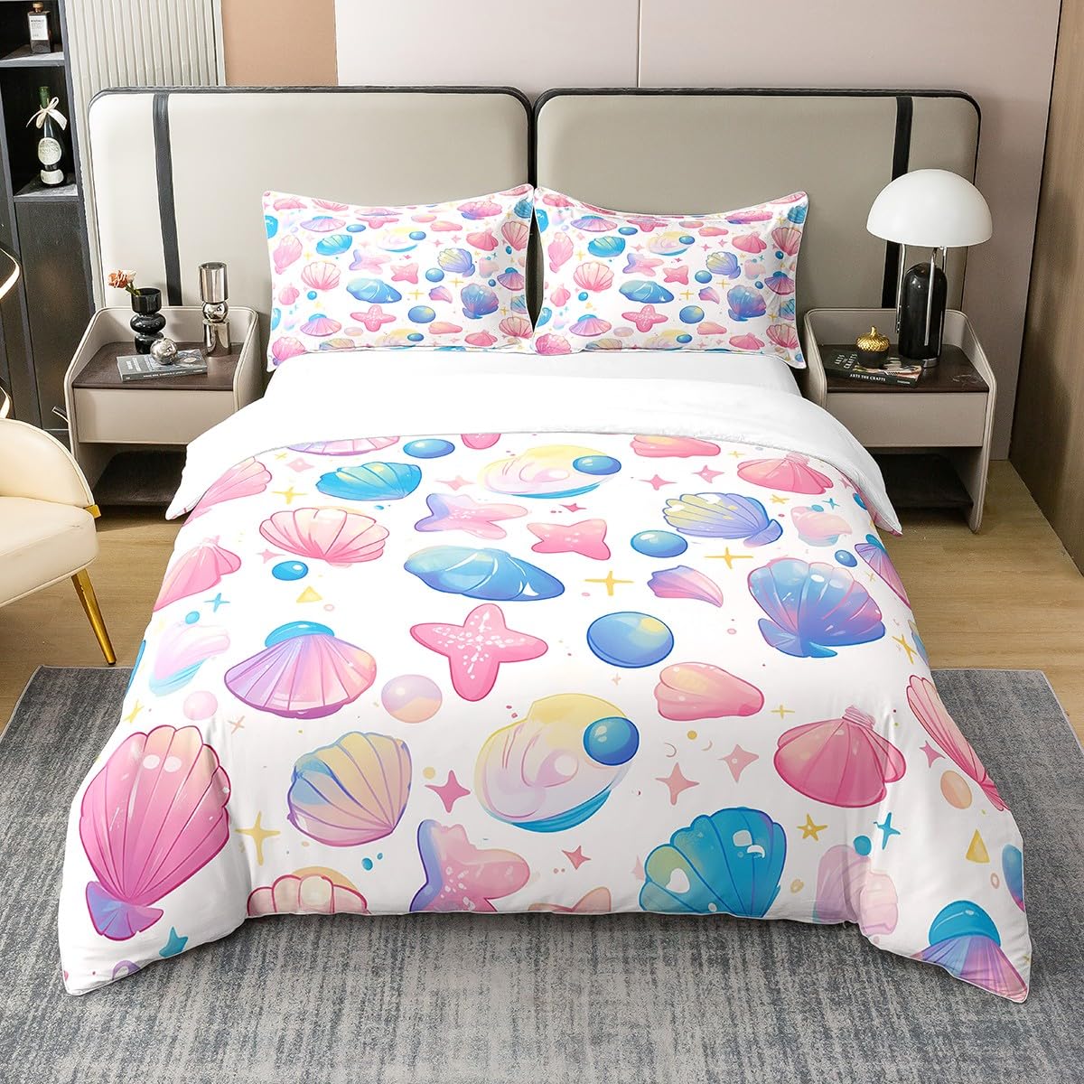 Homemissing Single Size Seashell Duvet Cover 100% Cotton Pink Blue Seashell Bedding Set for Kids Boys Girls Teens Toddler Star Pearl Comforter Cover Set Ocean Theme Bedspread Cover 2Pcs Zipper