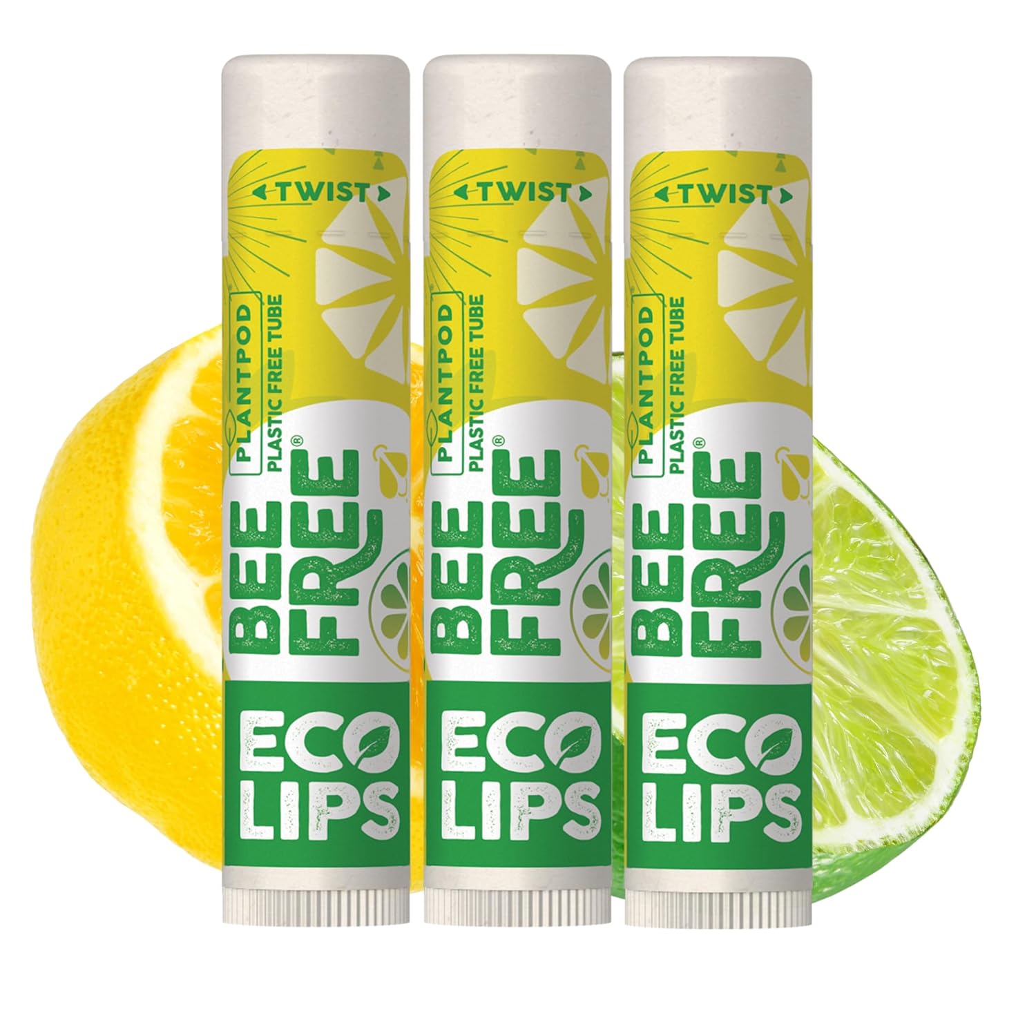 Eco Lips Vegan Lip Balm Lemon Lime Flavor 3 Pack - Bee Free with Candelilla Wax, Cocoa Butter & Coconut Oil Lip Care. Soothe & Moisturize Dry, Chapped Lips - 100% Plastic-Free Plant Pod Packaging - Made in USA