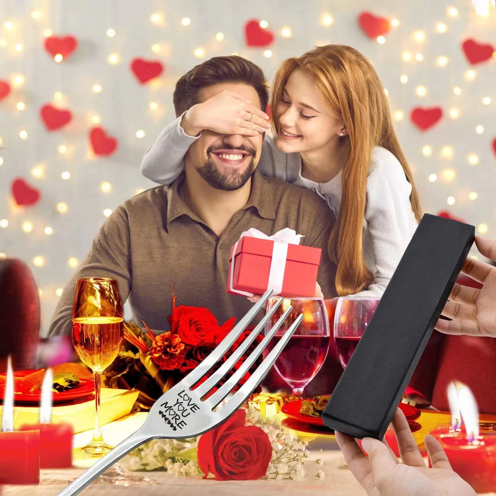 VICKHU Forchetta Da Cena Incisa 'Love You More', In Acciaio Inox, 20,3 Cm, Regalo Romantico Per Lui/lei, Anniversario, San Valentino