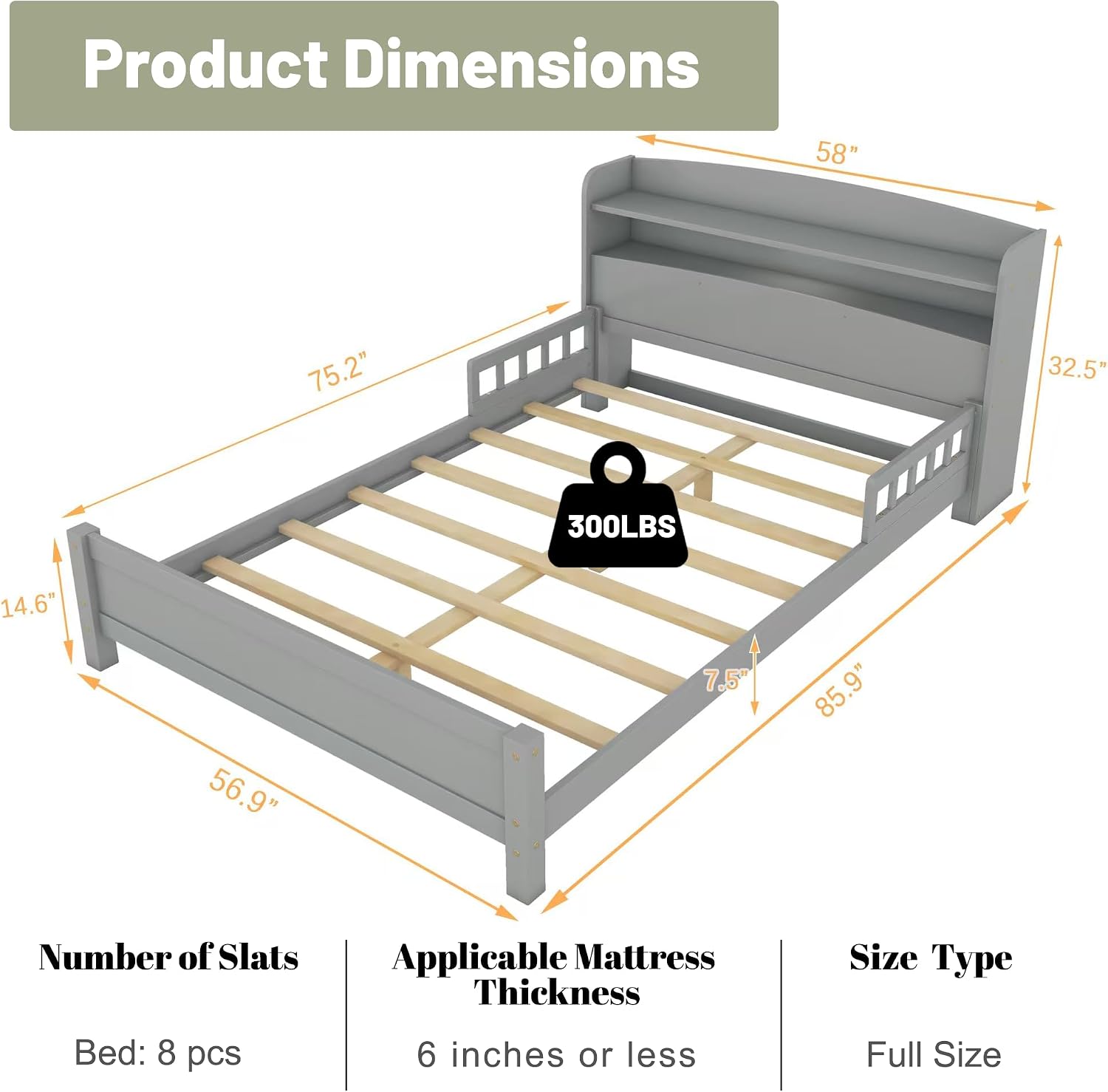 Full Size Bed Frame Kids with Rails, Wood Platform Bed Frame with Storage Headboard and LED Motion Sensor Light,Full Beds with Slats Support for Girls Boys,No Box Spring Needed,Grey