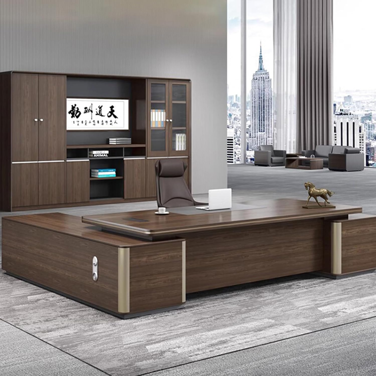Brown L Shaped Executive Office Desk Computer Desk with Lateral Cabinet Study Writing Table Business Furniture Set