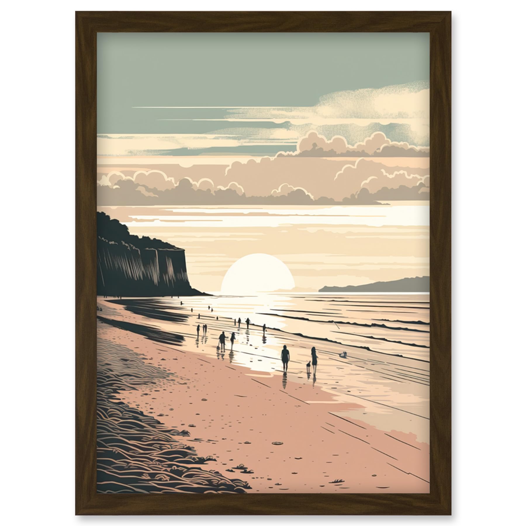 Artery8 Dog Walks on the Beach Sunset Coastal Landscape Artwork Framed Wall Art Print A4