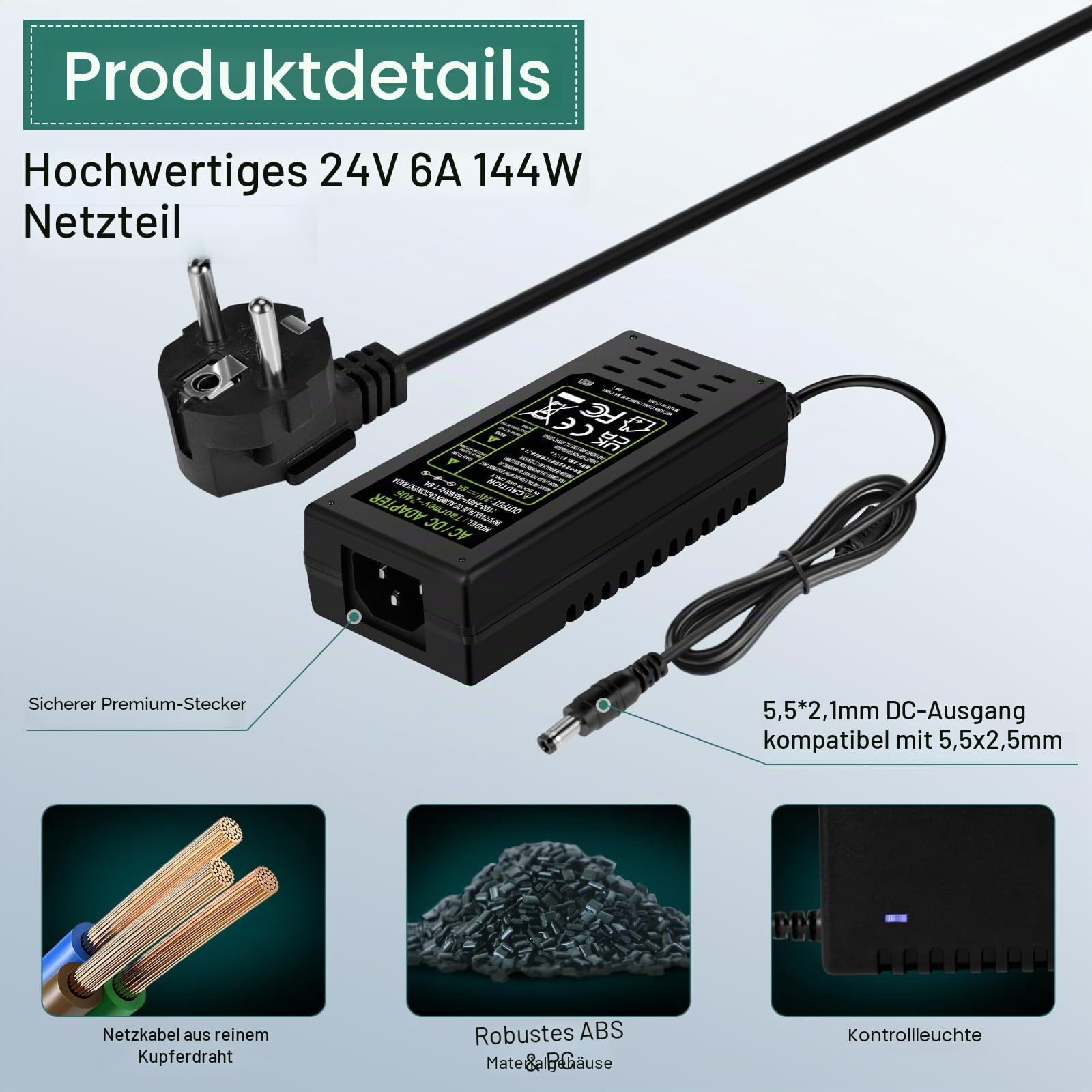 24V 6A Netzteil Adapter, Universal netzteil AC 100-240V bis DC 24 Volt 6 Amp Stromversorgung für LED Streifen, TVs DVD LCD Monitor Funkgerät Kamera - Euro Stecker 5,5 * 2,5/2,1mm