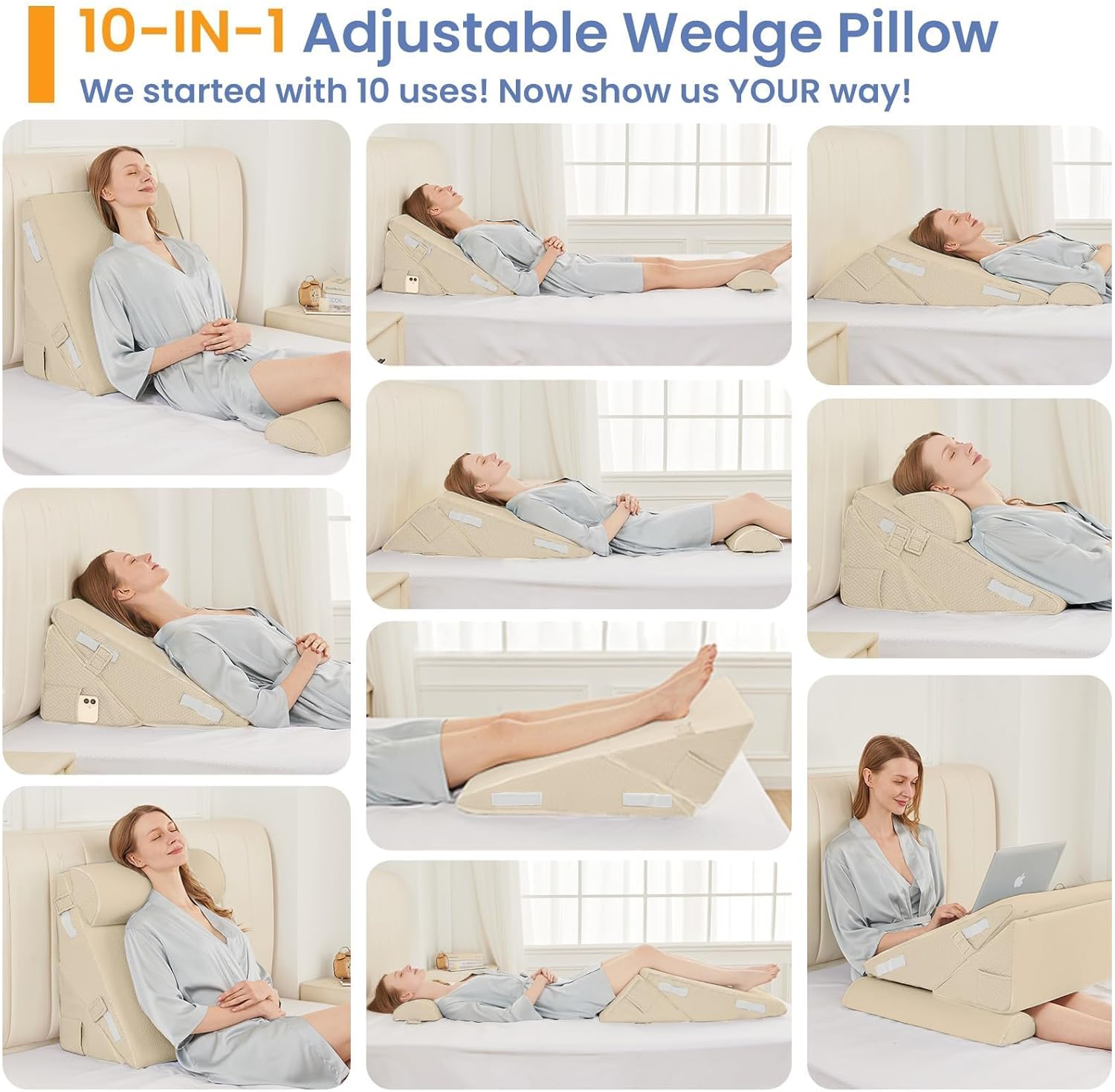 Sasttie Wedge Pillow Set for After Surgery, 2PCS Adjustable Bed Wedge Pillow Headboard with Memory Foam Neck Cushion – for Acid Reflux, Sleeping, Neck & Back Support, Beige