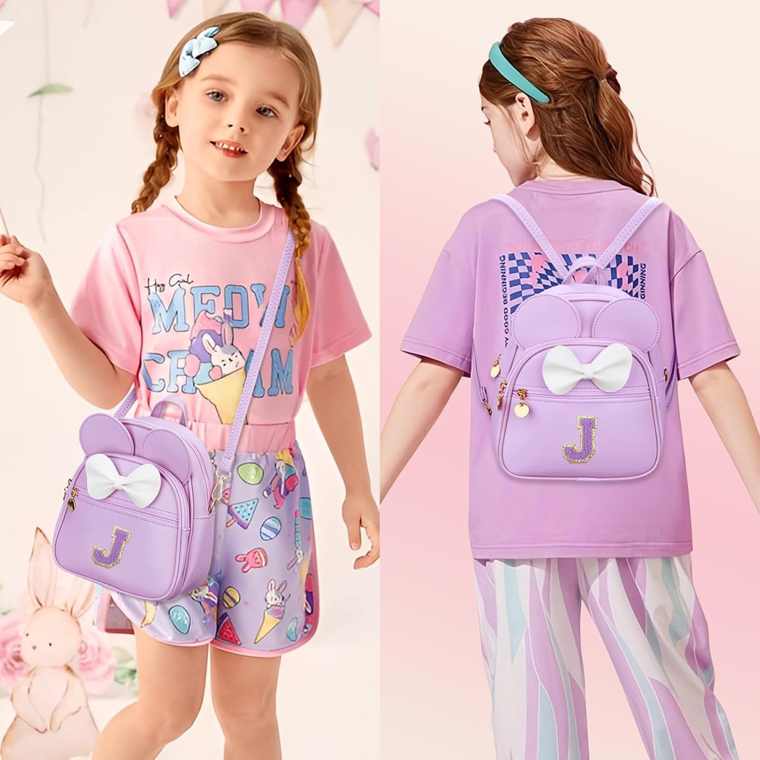 KKXIU Girls Initial Bowknot Cute Mini Backpack for Toddler, Travel Small Girl Backpacks, Personalized Birthday Gifts for Little Girls and Kids(J, Purple)
