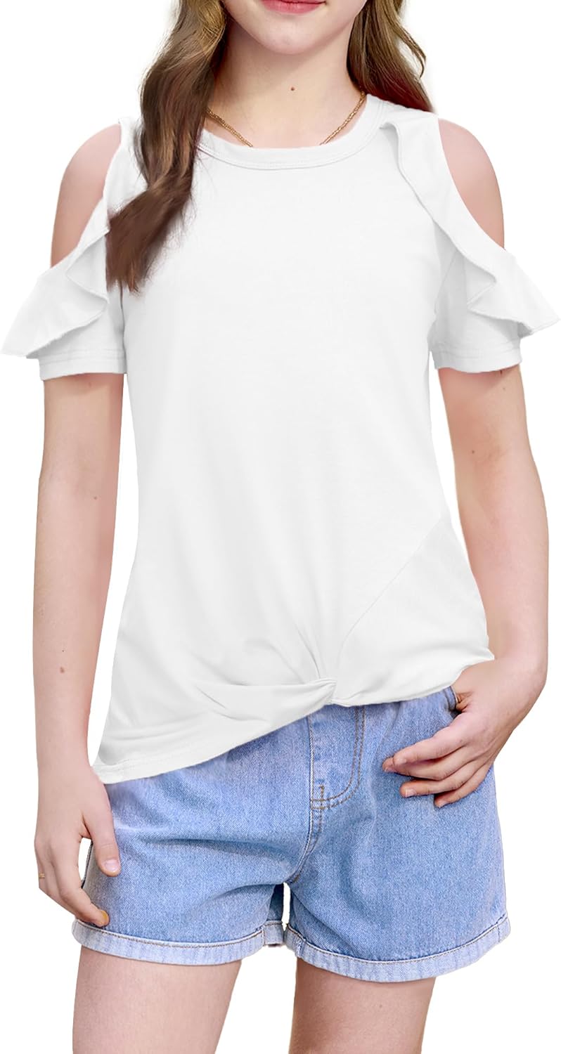 BesserBay Girls Summer Twist Front Tunic Tops Cold Shoulder Crew Neck Blouses Ruffle Trim Short Sleeve Shirts 5-14 Years