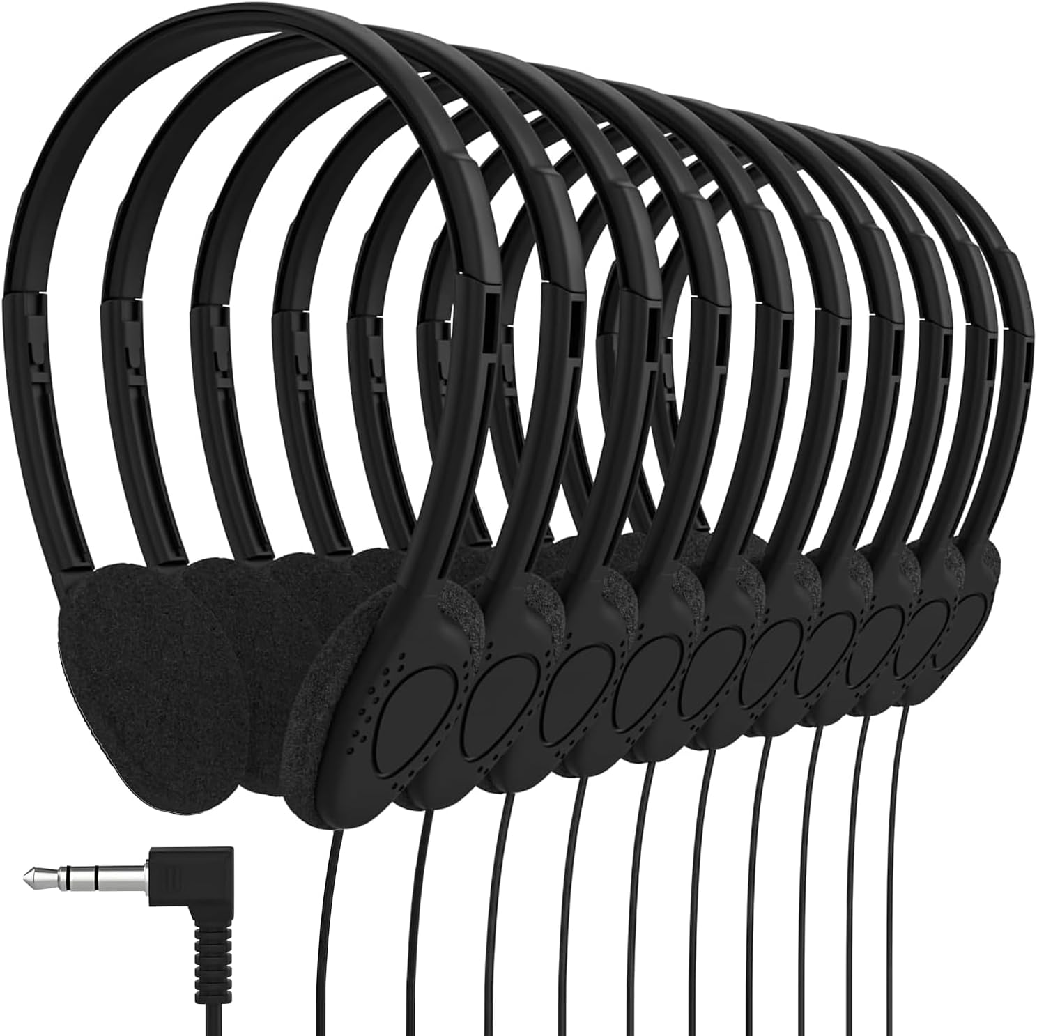 Maeline Bulk Classroom Student Headphones On Ear Stereo Headphones Adjustable Band & Faux Leather Cushions for Kids Online Learning, Library, School, Travel - 3.5mm Plug - 10 Pack - Black
