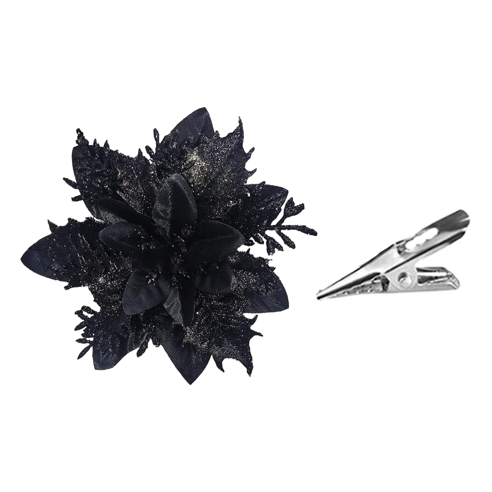 Hguim Black 12Pcs Glitter Poinsettia Flowers 14Cm Artificial Poinsettia Christmas Flowers With Clips Xmas Tree Flower Ornament For Christmas Holiday And Party Decor