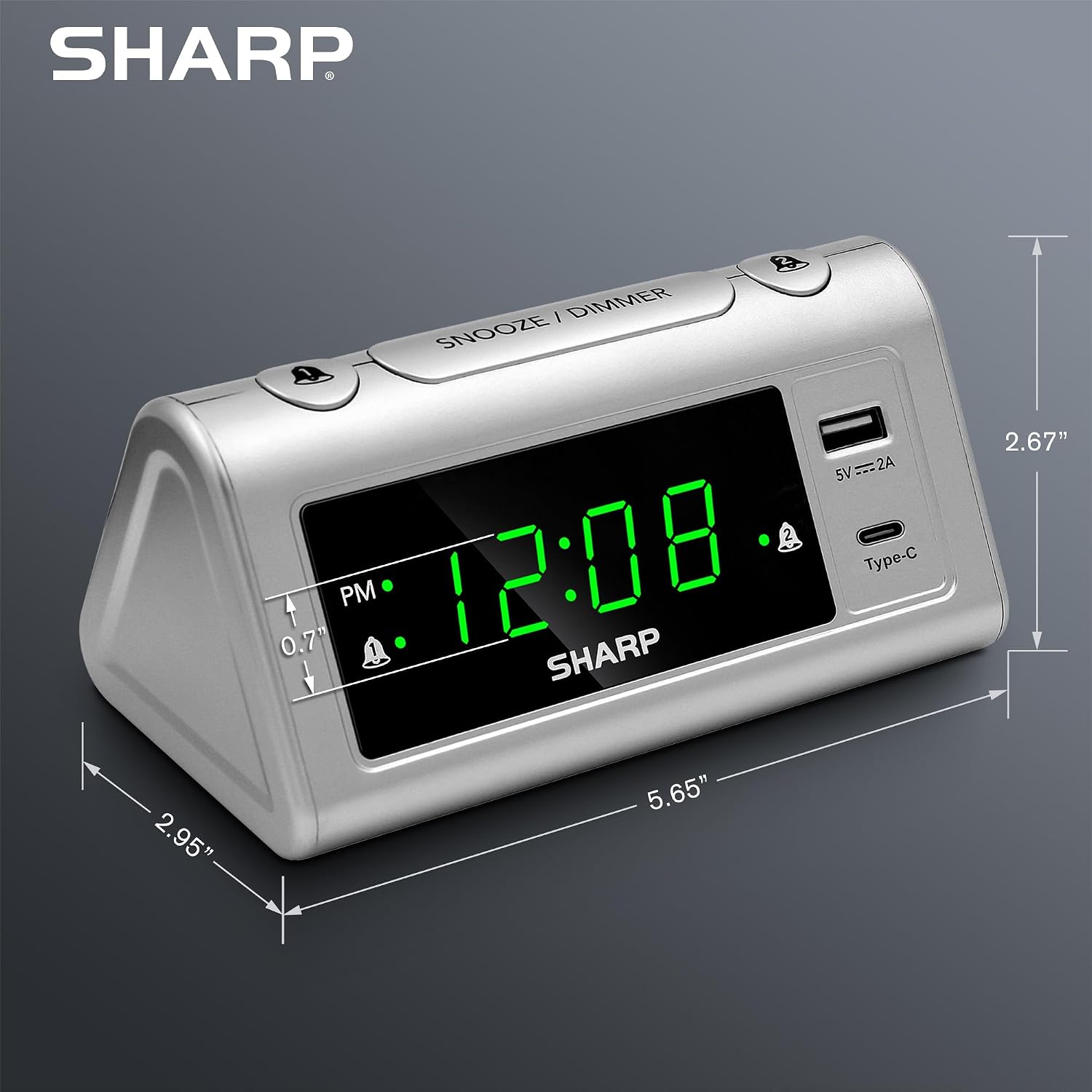 Sharp Digital Alarm Clock, USB-C & USB-A Charging, Dual Alarm, Green LED | 3-step dimmer, 9-minute snooze, easy-set controls, beep wake sound, AAA backup, silver finish, bedroom, nightstand, office