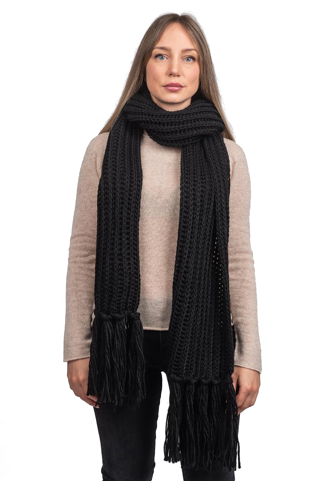 DALLE PIANE CASHMERE Bufanda inglesa de punto acanalado con flecos, fabricada en Italia, para mujer