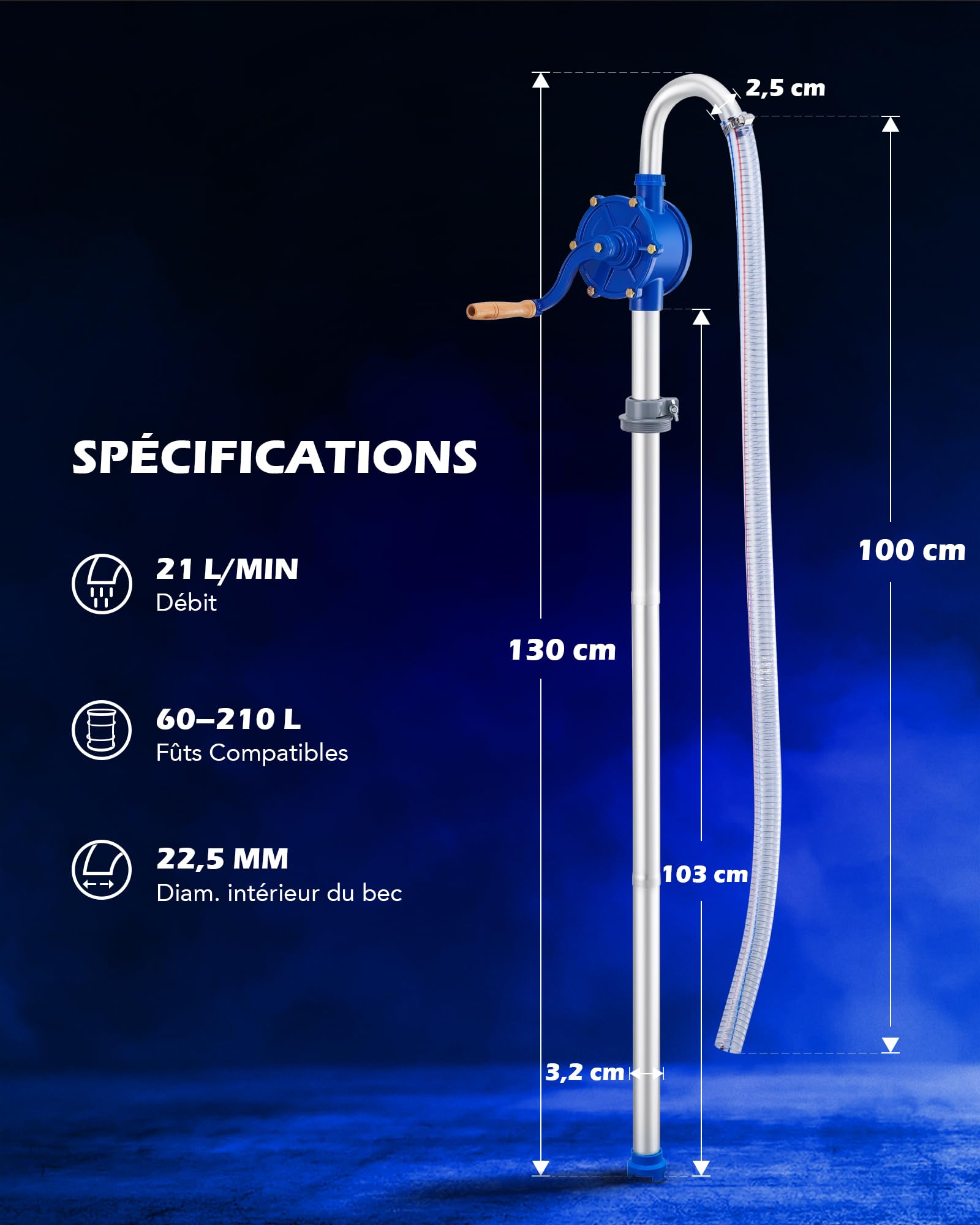 Orion Motor Tech Pompe Manuelle Carburant pour Fût 200L, Pompe de Transfert à Manivelle en Aluminium pour Diesel et Huile Moteur, Pompe à Huile avec Tuyau de 1m pour Fûts de 60 à 200 Litres