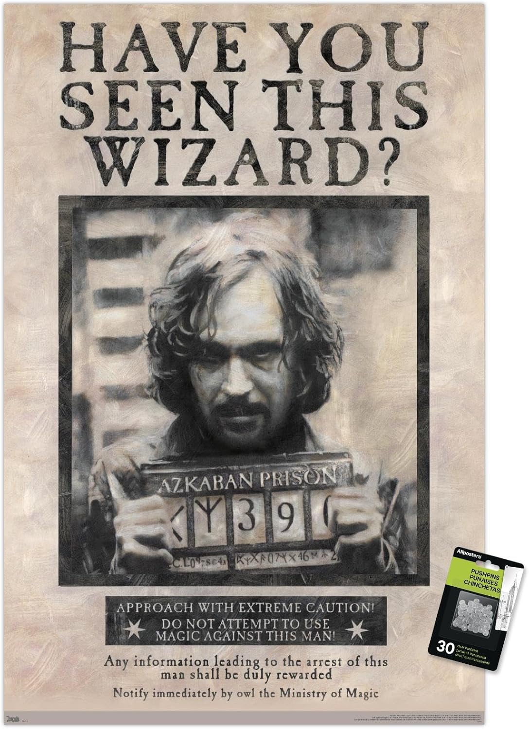 Trends International The Wizarding World: Harry Potter - Sirius Black Wanted Poster Wall Poster, 22.37" x 34.00", Premium Poster & Push Pin Bundle