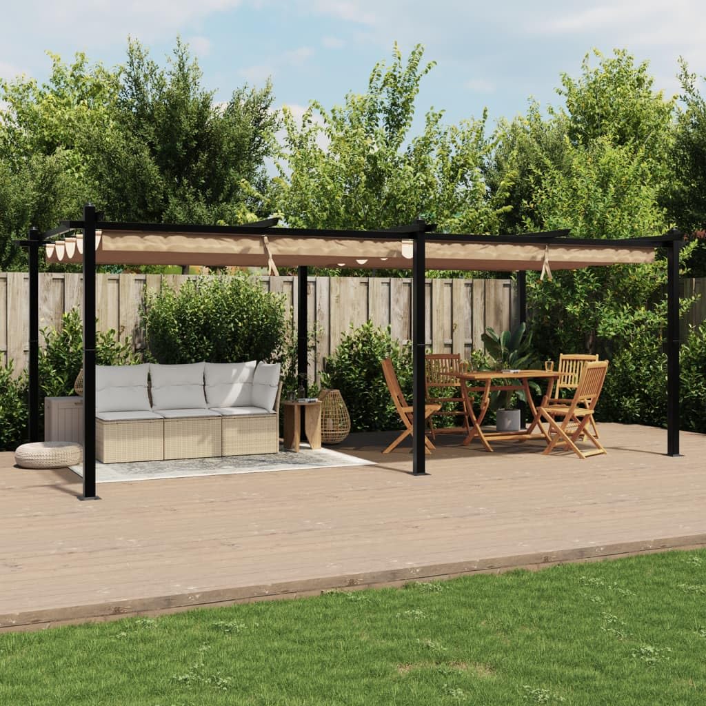 IKAYAA Pérgola de Jardín con Techo Retráctil, Pérgola de Aluminio 6x3 m, Cenador de Jardín, Poliéster Resistente al Agua y a UV para Patio Terraza Exterior Taupé