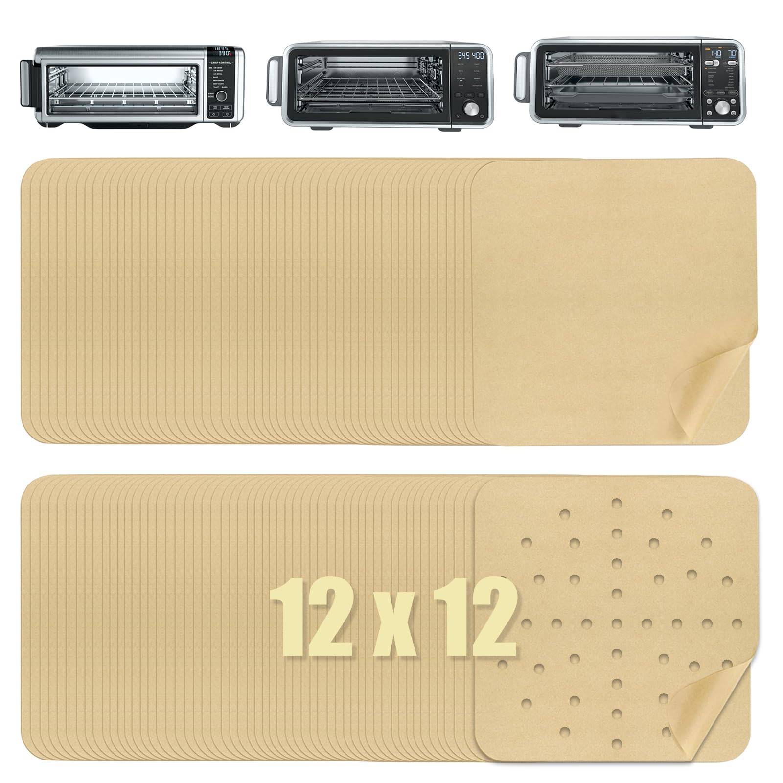 Golden Associate Forros de papel pergamino desechables de 12 x 12 pulgadas, 130 piezas, combo de hojas perforadas y sin agujeros, 65 piezas cada uno, freidora de aire, horno, tostador, bandeja