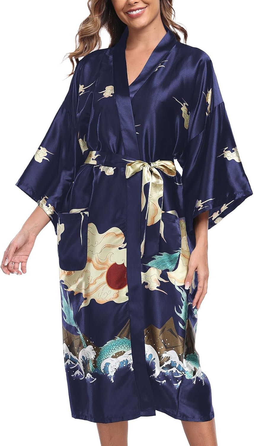 BestWendding Women's Satin Kimono Robes Floral Patterned Long Bathrobe Silky Dressing Gown Bridesmaid Robes with 2 Pockets - Image 2