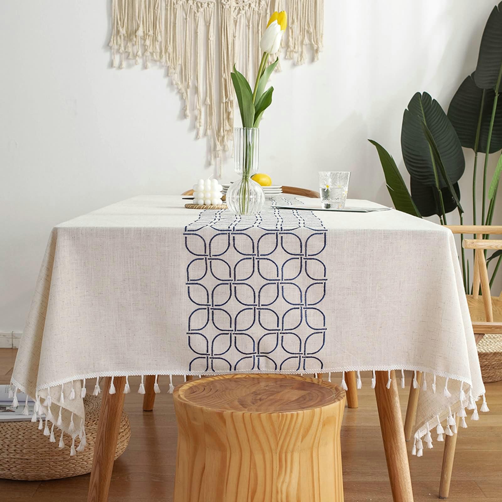 Gualiy Manteles Poliester de Mesa Comedor, Mantel de Mesa de Cocina 140x200CM Manteles Mesa Antimanchas Patrón Geométrico con Borlas Mantel para Mesa de Salon, Azul