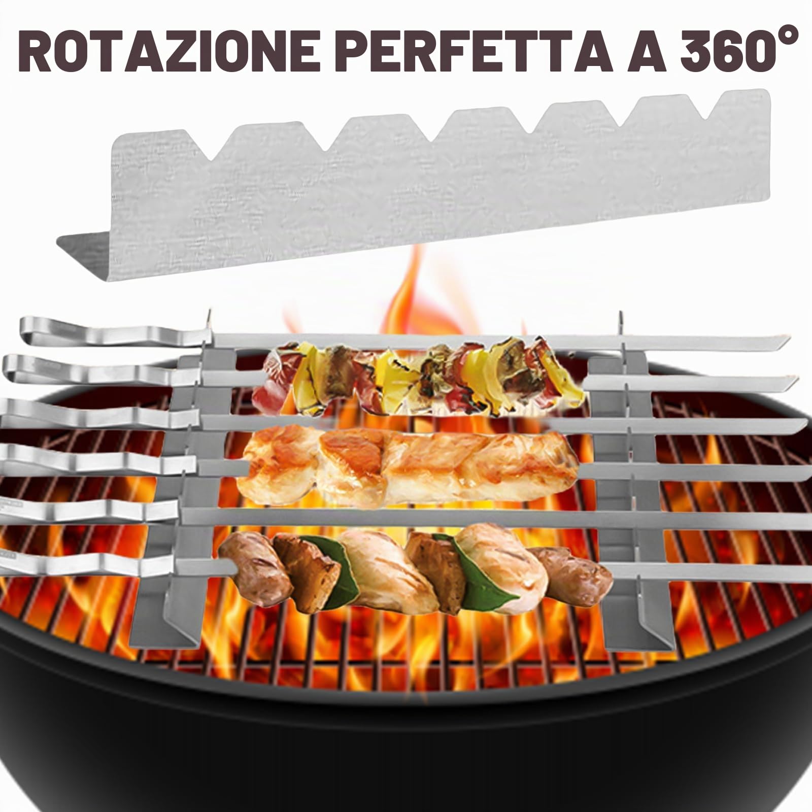 4 Pezzi Griglia Supporto per 6 Spiedini in Acciaio Inox - Accessori per Barbecue, Esterni, Campeggio ed Escursionismo