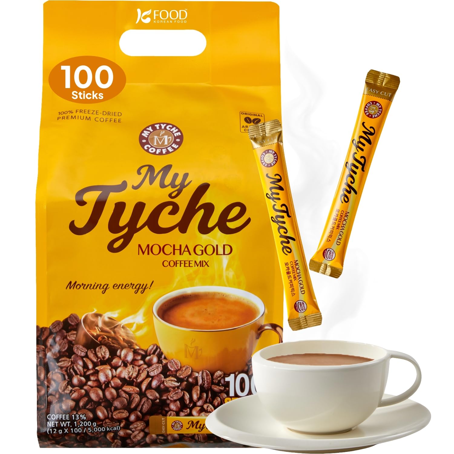 Korean Food Mocha Gold Coffee Mix 100T | MY TYCHE | Korean Instant Coffee Mix, Hot or Iced Coffee Blend | Instant Coffee Beverage Mix | K Coffee