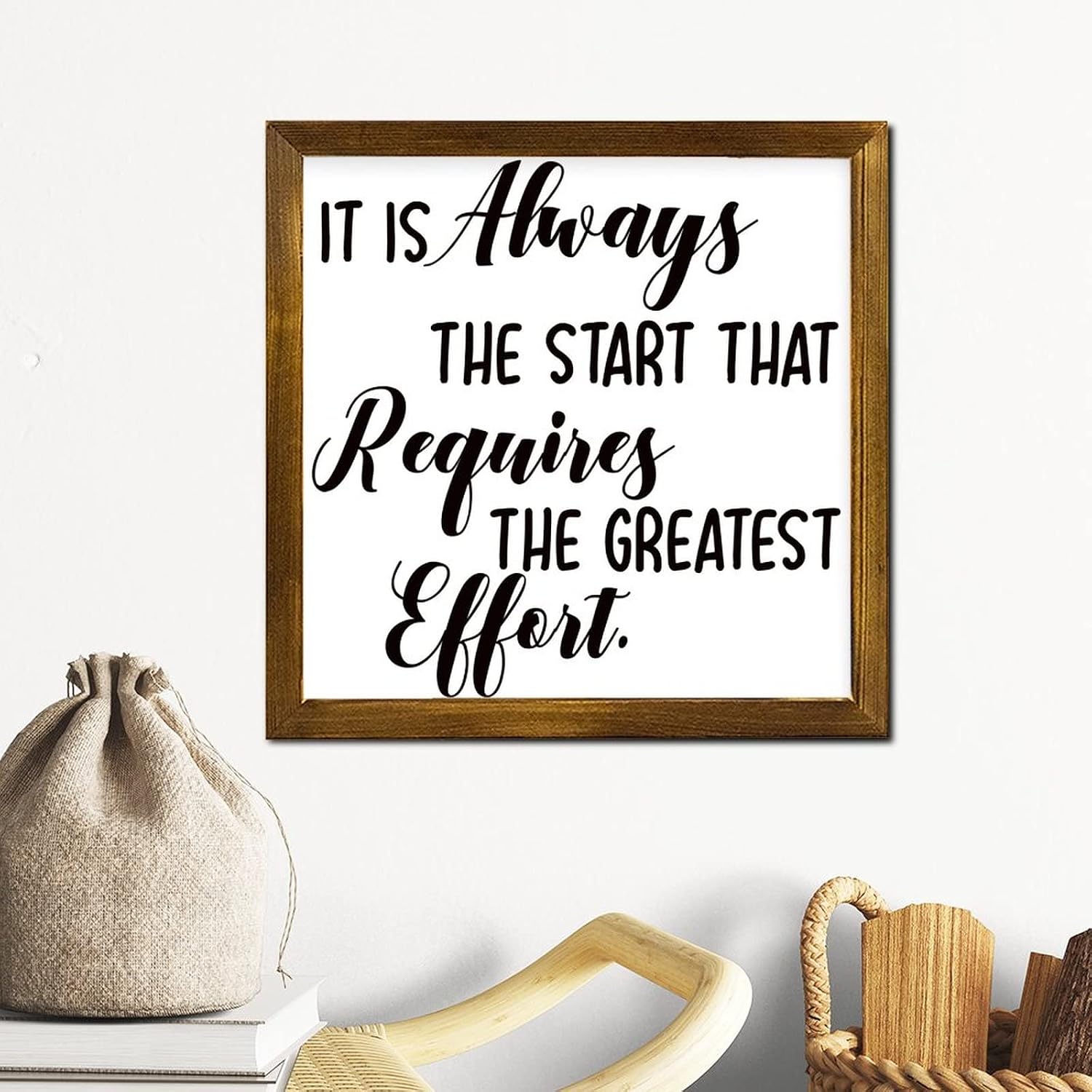 It is Always The Start That Requires The Greatest Effort Wood Framed Signs Family Phrase Wooden Wall Hangings Vintage Wood Hanging Sign Decor for Women Office Bathroom Shelf Decor 12x12 Inch