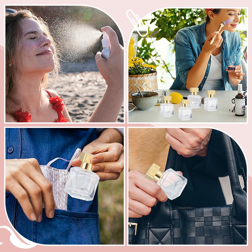 WEBEEDY Confezione da 10 flaconi spray in vetro da 50 ml, ricaricabili per profumo, da viaggio, con 15 pezzi, 3 tipi di dispenser oro trasparente, vuoto, per viaggi all'aperto, Natale