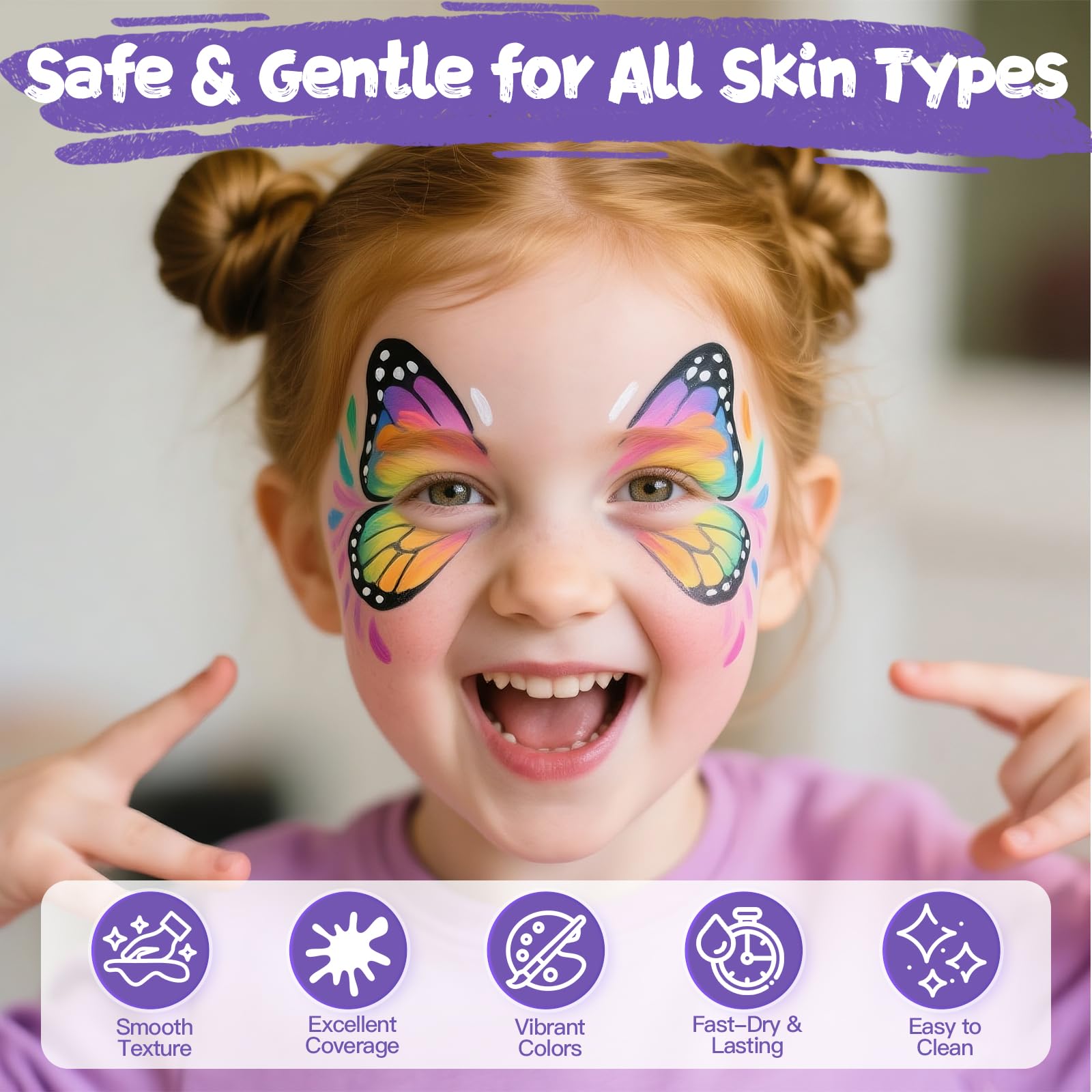 Kit de pintura facial para niños, pintura facial activada por agua de 12 colores con 2 pinceles, kit de maquillaje de Halloween no tóxico, pintura facial corporal profesional para Halloween, fiestas 3