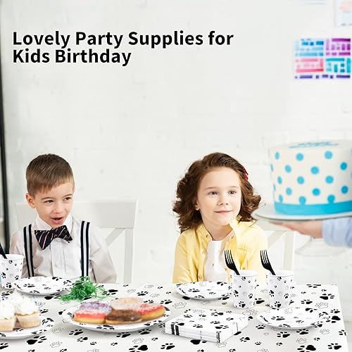 Vista 13 de durony 121 piezas de suministros de fiesta con estampado de pata azul para perro, mantel de cumpleaños para perros, platos, servilletas, tenedores