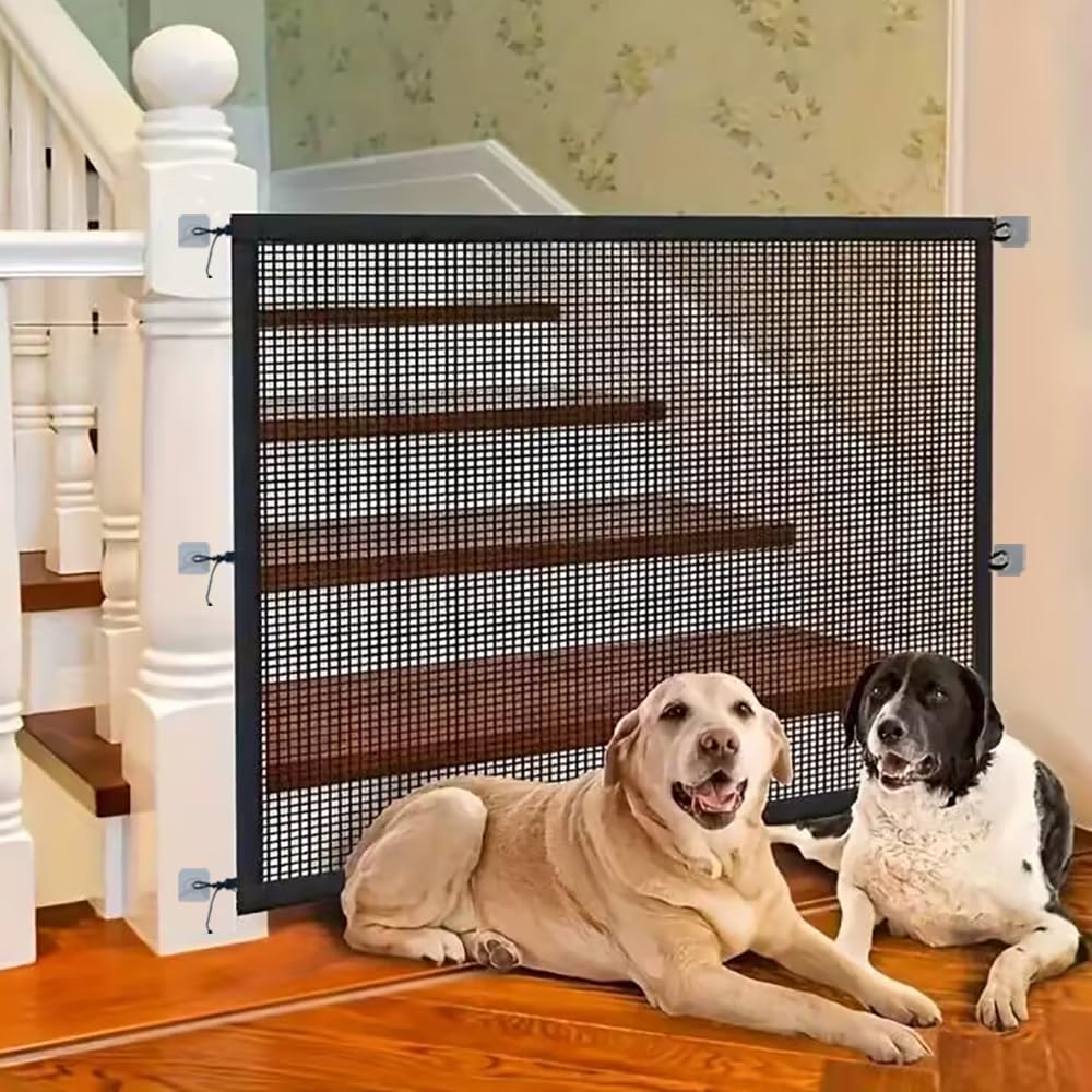 Barrière D'escalier Portable Pour Chiens (72 X 110 Cm) En Maille Pliable Avec 6 Crochets Adhésifs Pour Intérieur Et Extérieur
