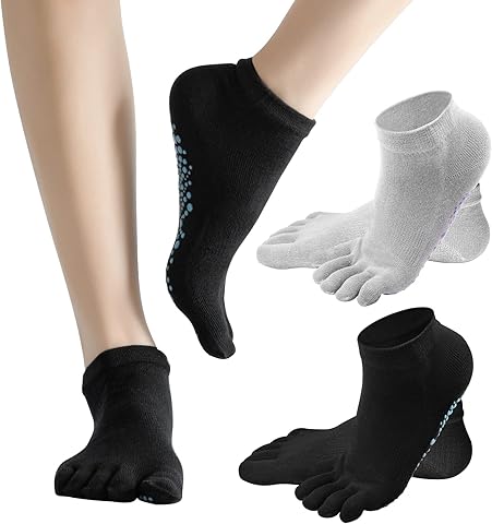 2 pares de Calcetines Antideslizantes para Mujer y Hombre, Calcetines de Yoga con Dedos para Hogar, Calcetines Deporte 5 Dedos de Algodón para Pilates Ballet Dance Fitness, Negro + Gris