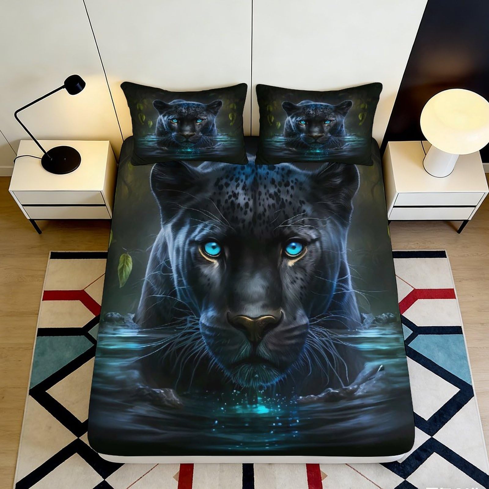 3D Printed Black Panther Fitted Sheet Microfiber Soft Breathable Jungle Water Bed Sheet for Bedroom Dorm Mattress Decor 180x200x25cm