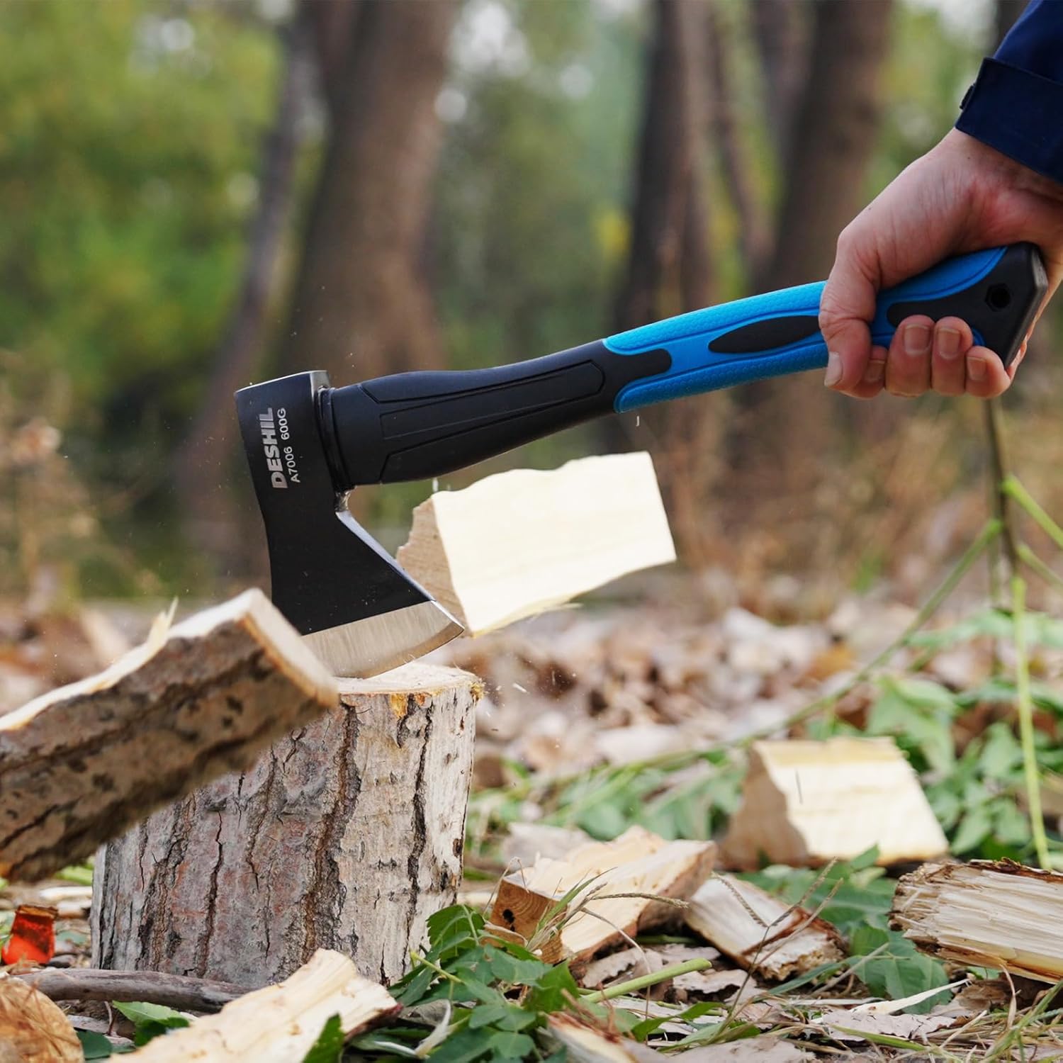 Camping Axe, 15”Chopping Hatchet with Sharpening Stone, Forged Carbon Steel Heat Treated Hand Maul Tool, Fiberglass Shock Reduction Handle with Anti-Slip Grip
