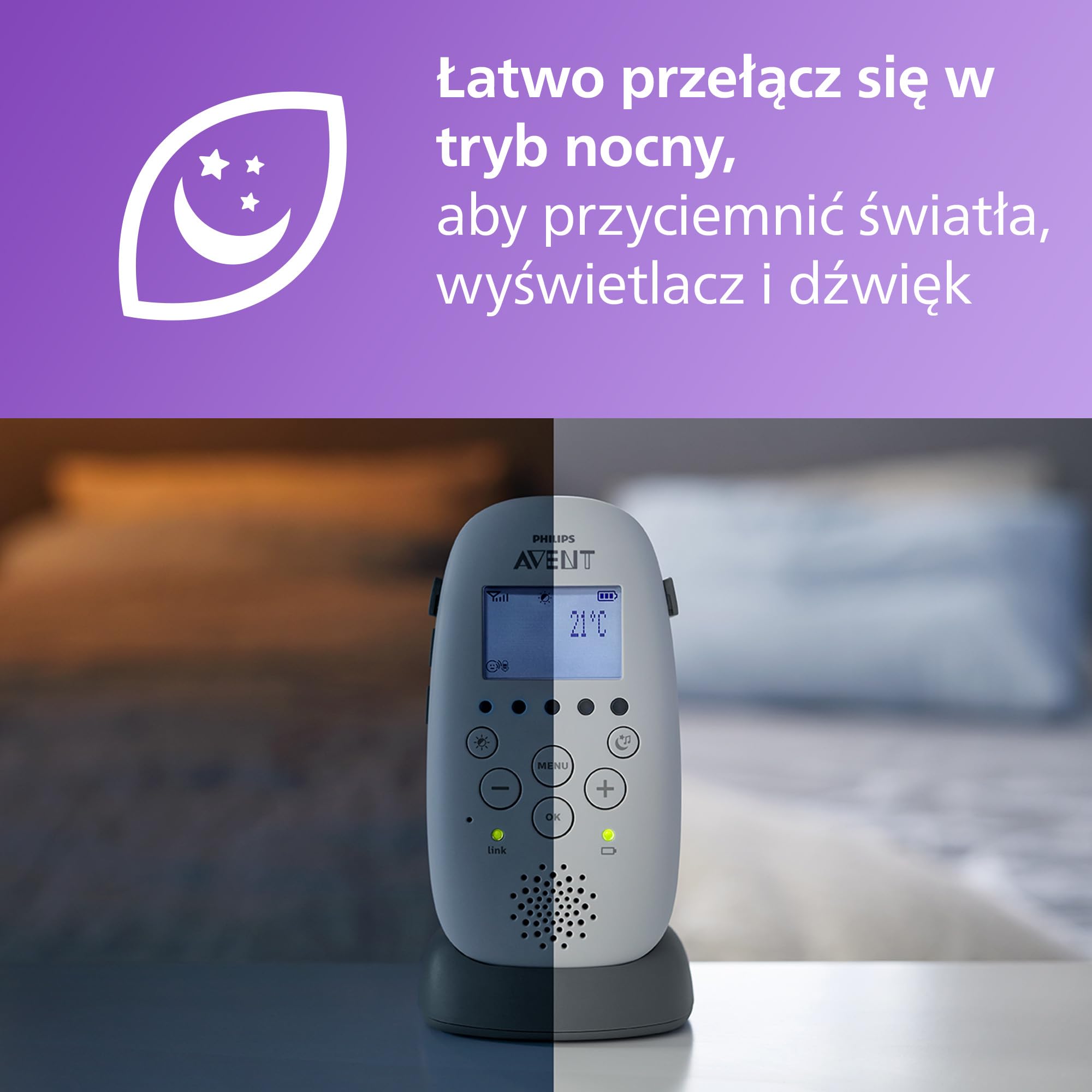 Philips Avent DECT Elektroniczna niania z projektorem gwiezdnego nieba, kołysankami, funkcją dwukierunkowej komunikacji, zasięgiem 330 m i 24-godzinnym bezprzewodowym działaniem,SCD733/26