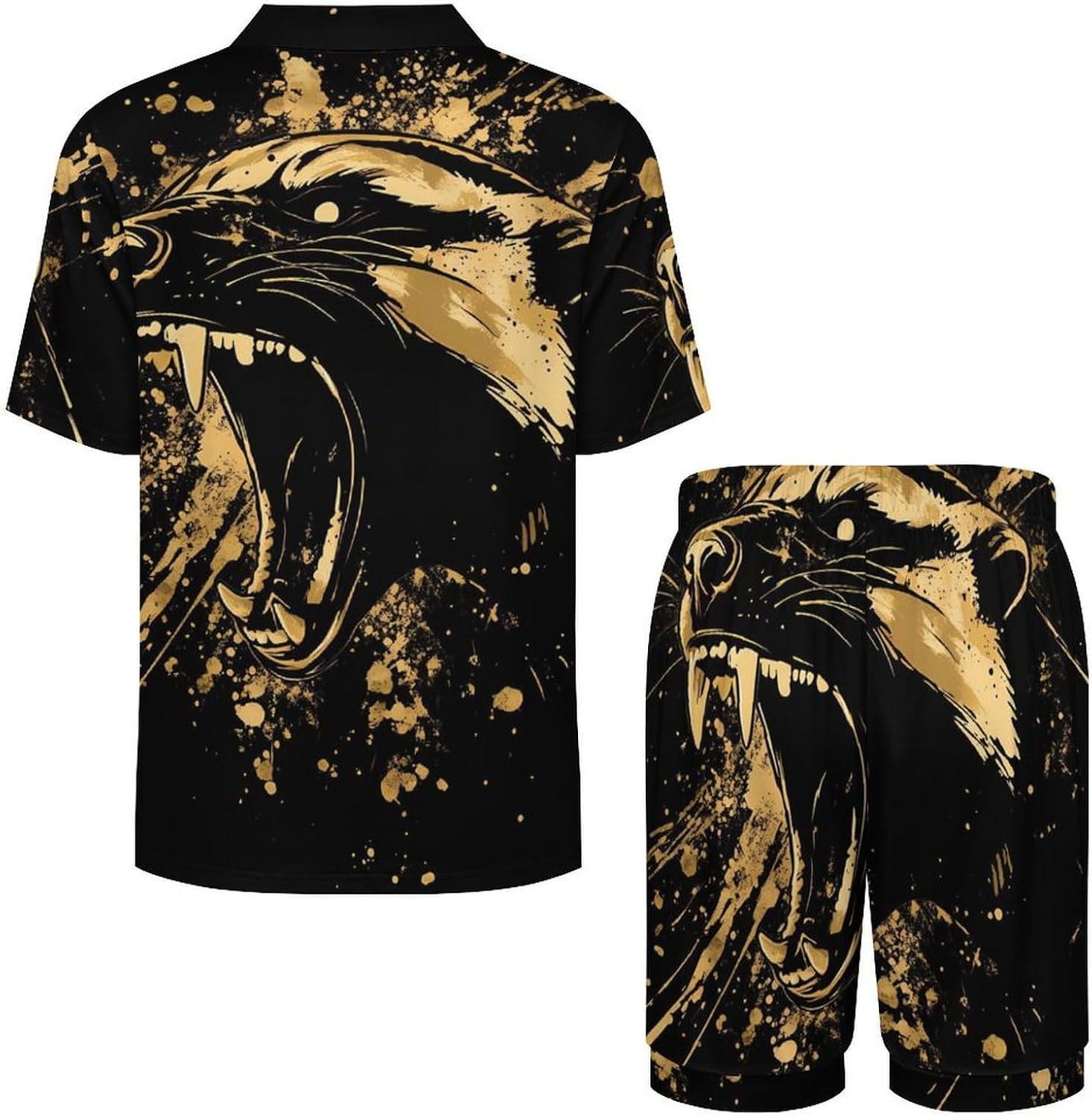 Anger Honey-Badger Roaring Men's Short Sleeve Pajama Set Satin Silk Like Lounge Sleepwear