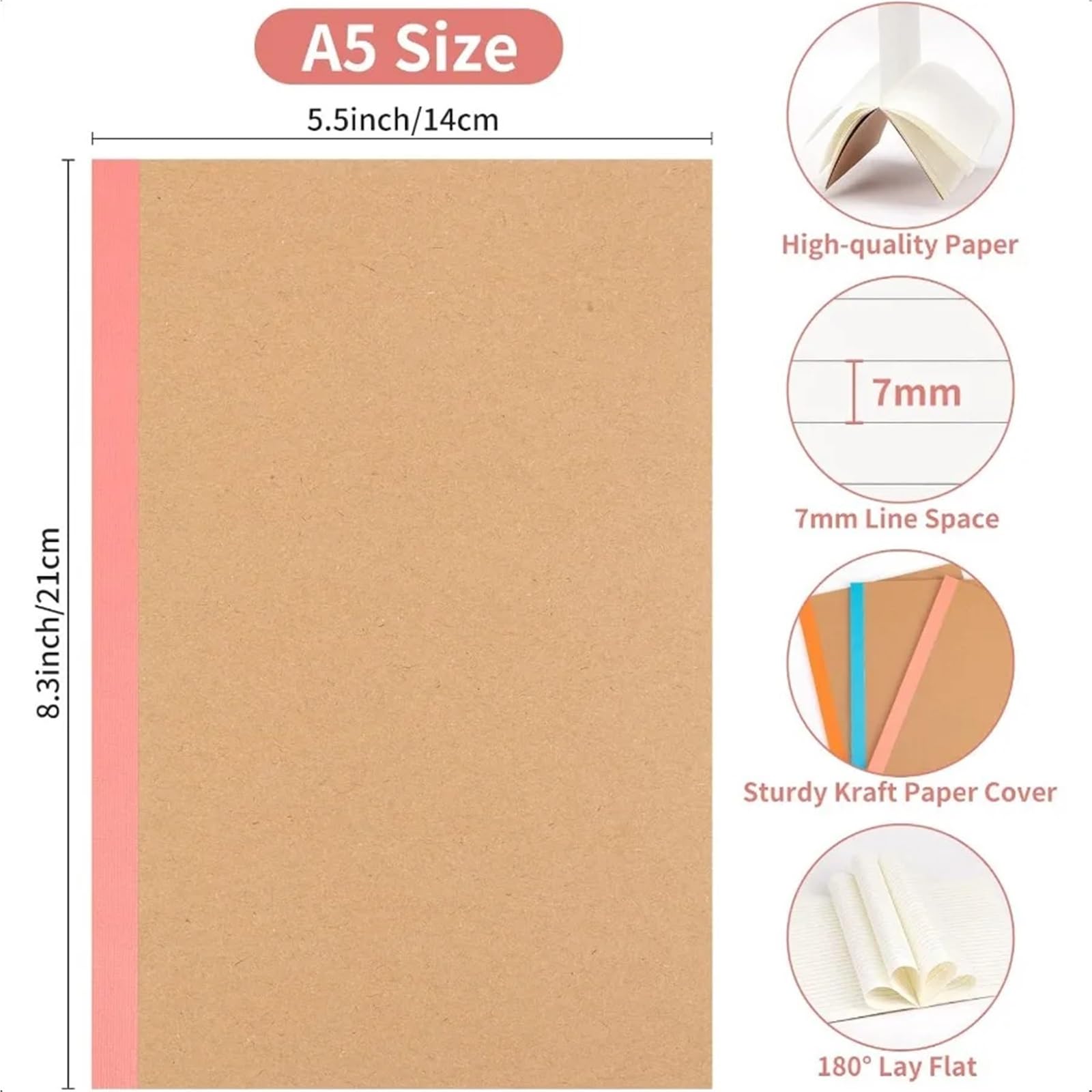 Quaderni a righe, confezione da 30 quaderni per composizione, formato A5, a righe, copertina in carta kraft con dorso arcobaleno, 8,3 x 5, 15 colori, 6