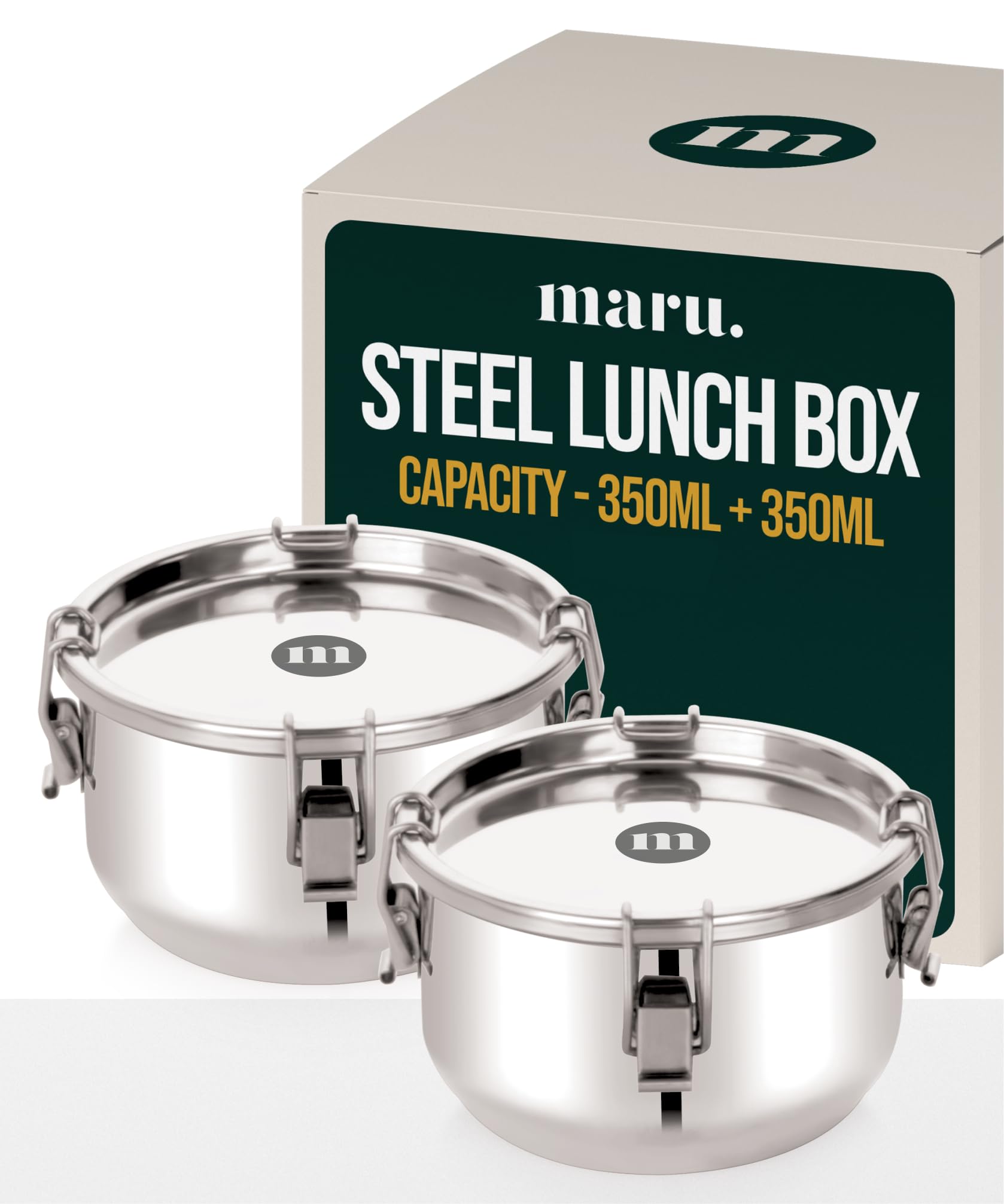 MARU Steel Small Leakproof Tiffin/Lunch Box for School/Office - 350ml Set of 2, Container Avoid Spilling of Curry & Liquid Items, Airtight Snacks Box is Perfect for Men/Women & Kids-image-48