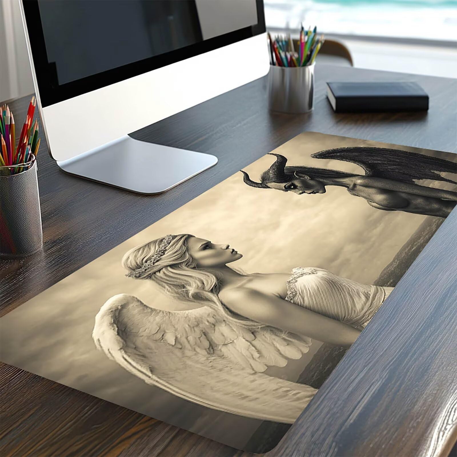 Gamingowa podkładka pod mysz XXL, anioł, demon, 1200 x 600 x 3 mm, wodoszczelna, antypoślizgowa podkładka na biurko, poprawia precyzję i prędkość, akcesoria gamingowe na biurko, model 12018