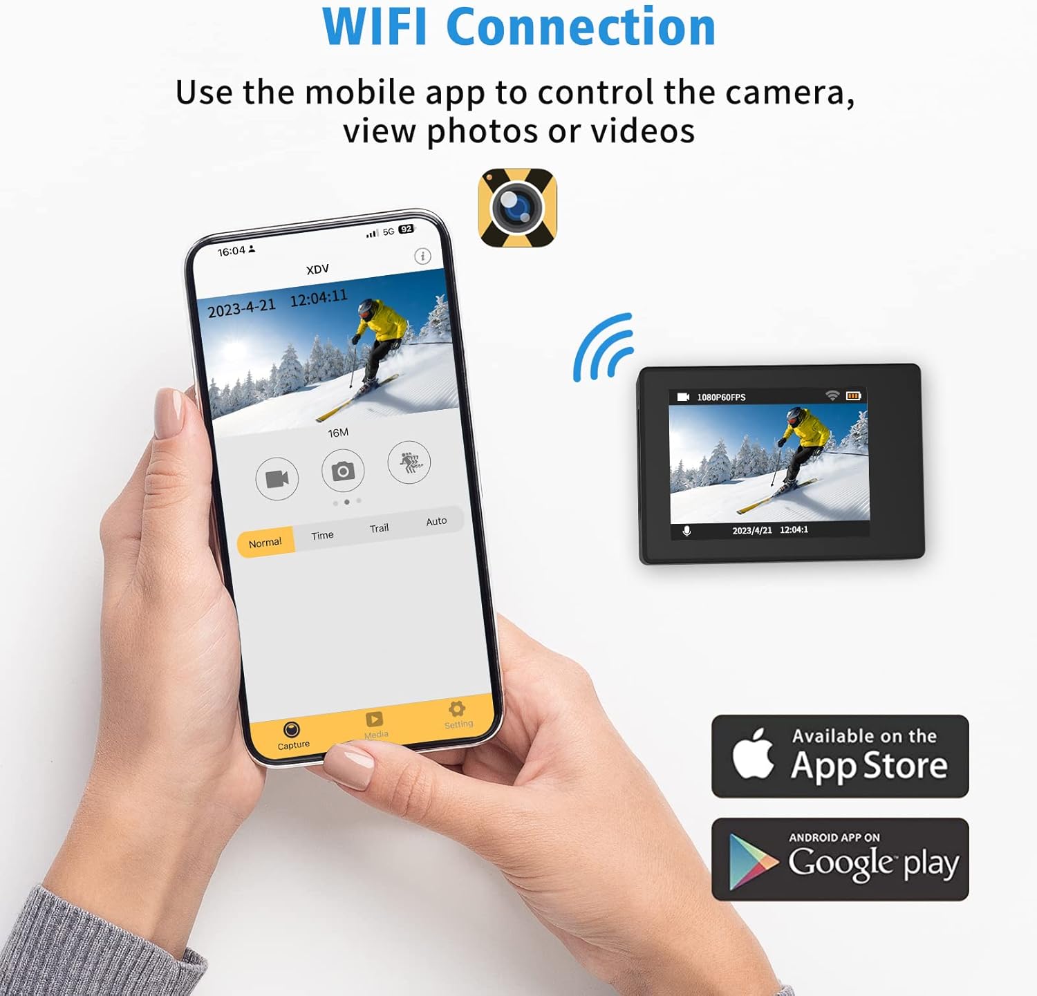 Smartphone screen showing the XDV app connected to the Ourlife camera, with a live preview of the camera's view.