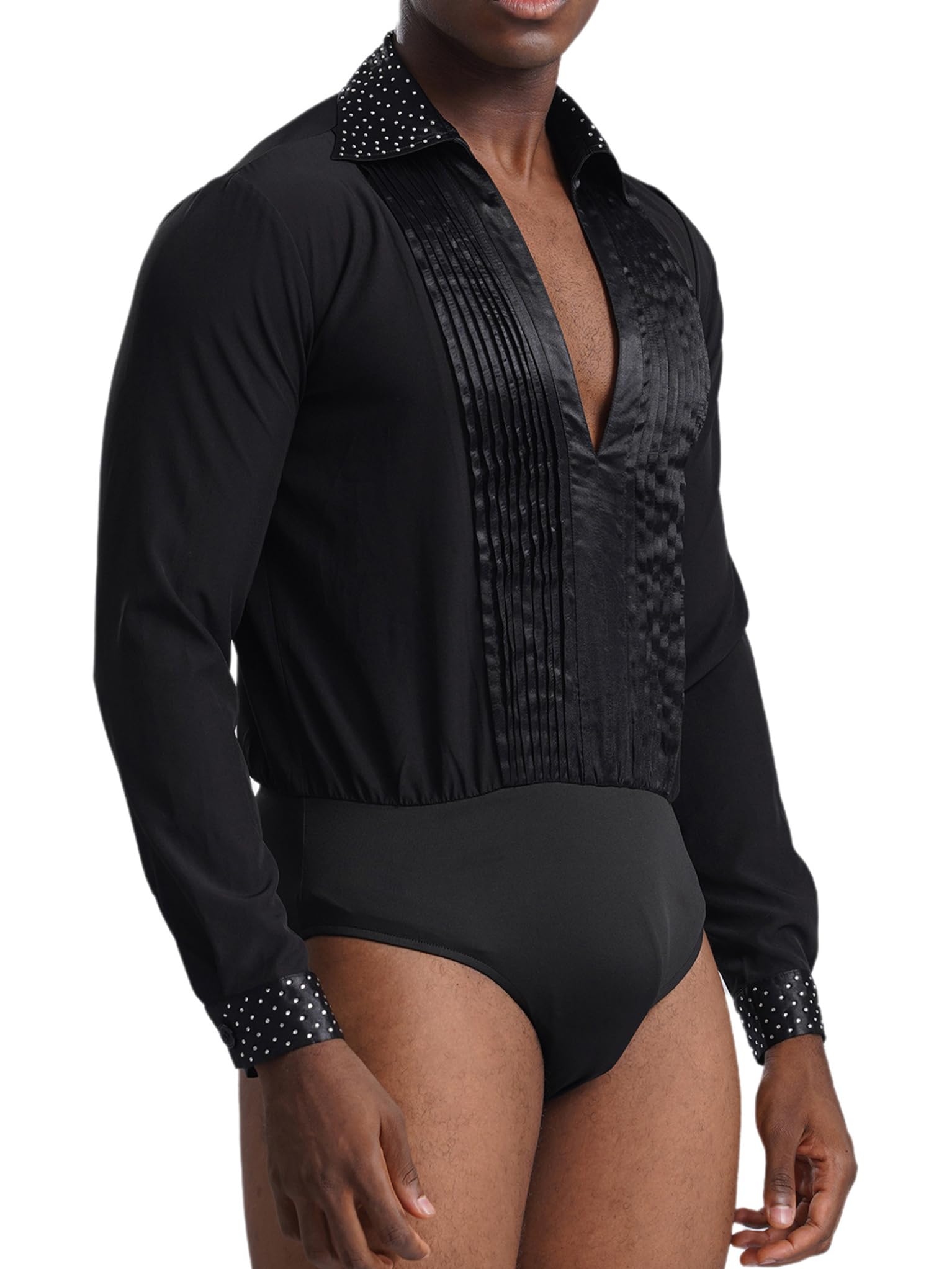 TTAO Camisa latina para hombre, cuello en V, brillante, body de una pieza con botones en la entrepierna, maillot de baile, disfraz de salsa, samba, chacha, moderno, disfraz de danza