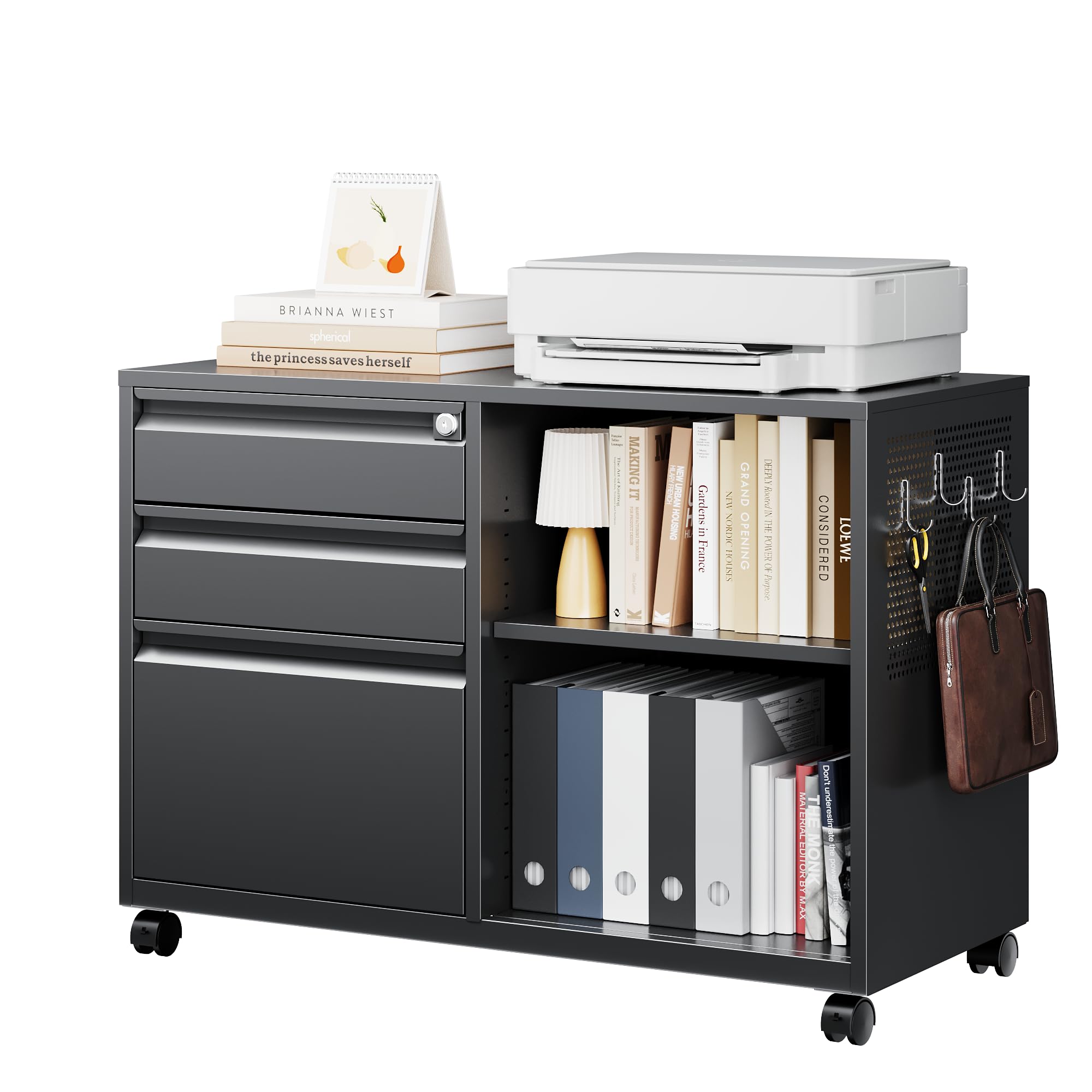 Letaya Mobile 3 Drawer File Cabinet with Lock-Metal Lateral Rolling Printer Stand Filing Cabinets for Home Office-Storage A4/F4/Letter (Black)