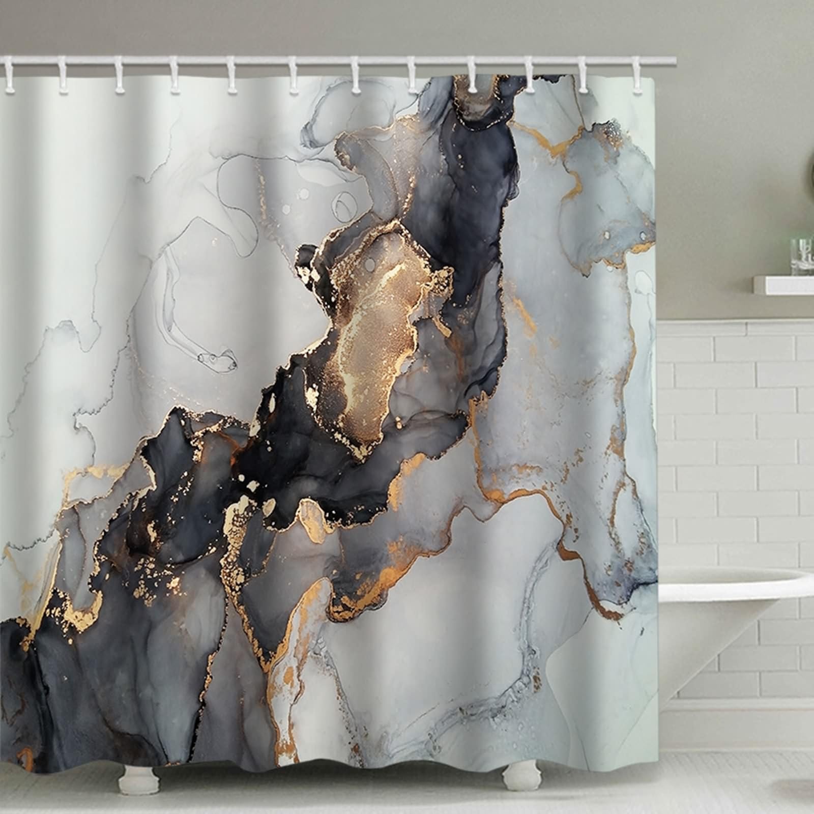 Rideau de douche polyester gris et doré pour salle de bain zen