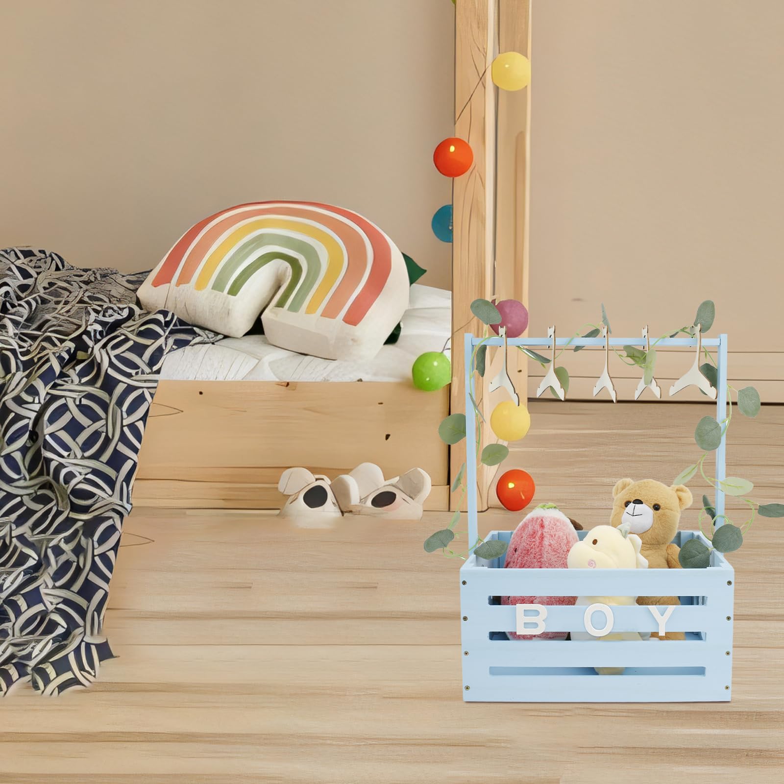Babykorb mit Griff, Holz Babyparty Schrank Praktischer Holzkiste für Babyparty mit Stange,Schrank für Babypartykisten aus Holz Wäschekorb Kinder Holz Baby Shower Geschenk (Blau)