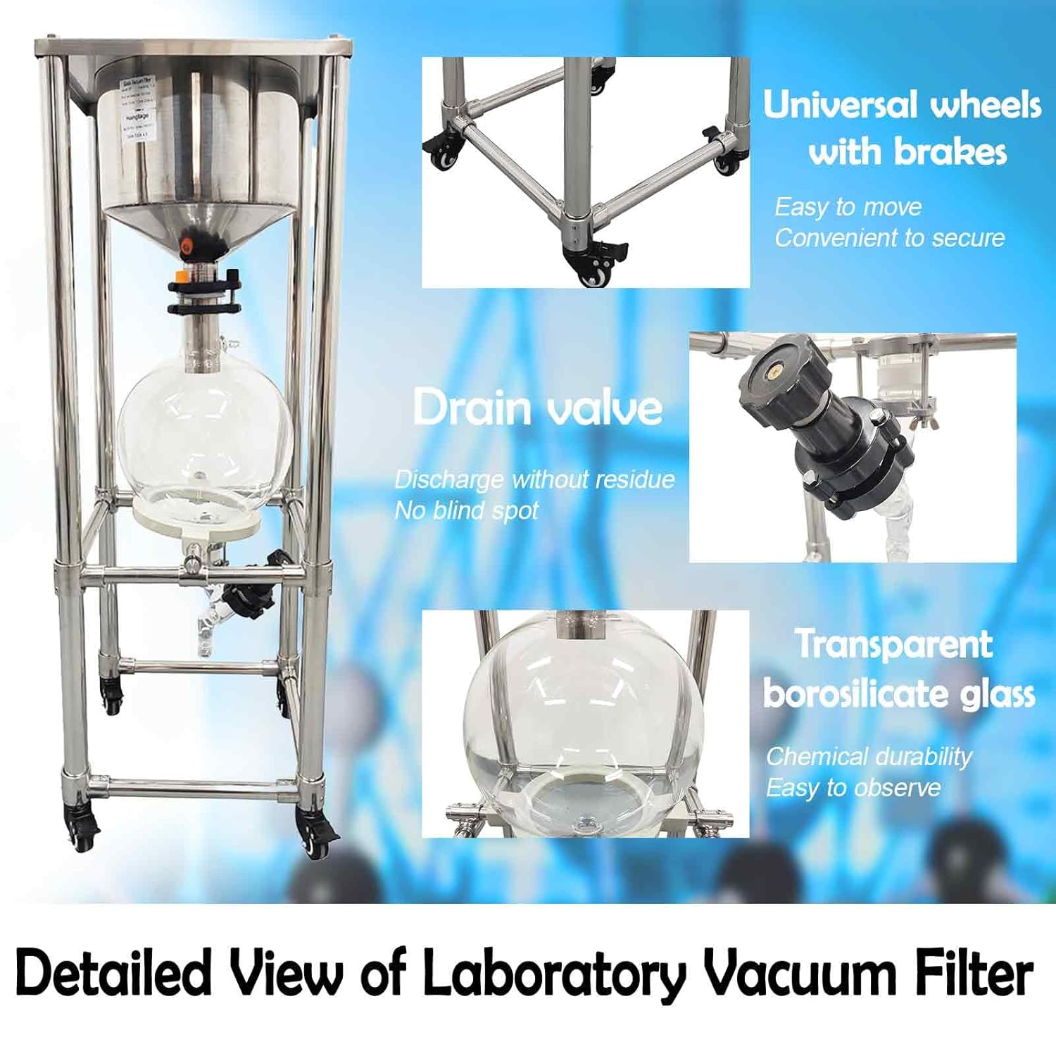 10L Buchner Funnel Filter System, -0.098Mpa Vacuum Filter with Discharge Valve, Glass Flask & Stainless Steel Frame, for Lab Liquid-Liquid Extraction, Room Temperature Reaction