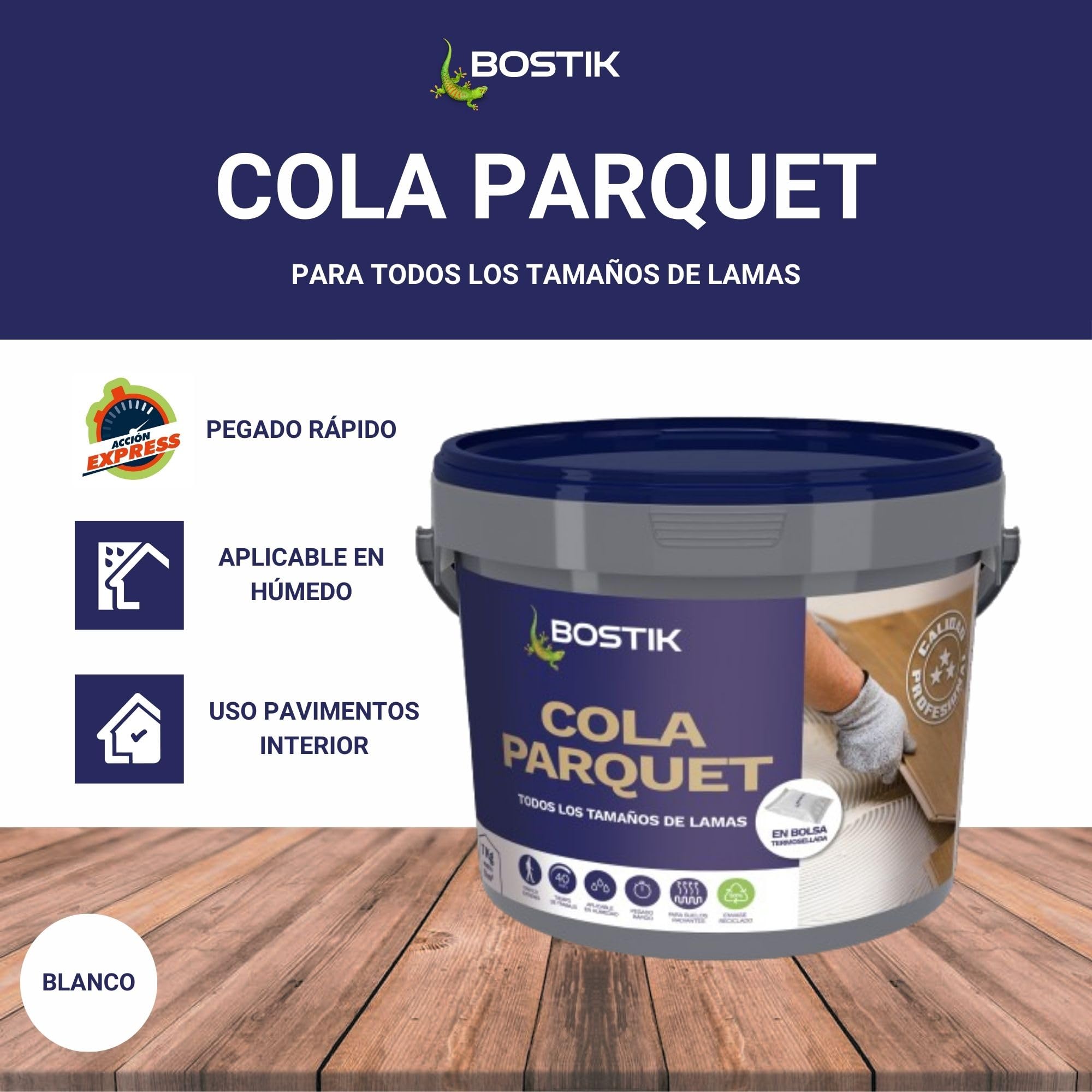 BOSTIK COLA PARQUET MACIZO Blanco, Adhesivo para Parquet Macizo y Laminado, Formulación Híbrida, Alta Adherencia, sin Tiempo de Espera, Resistente a la Humedad, Fácil de Limpiar, Interior, Bote 7 kg