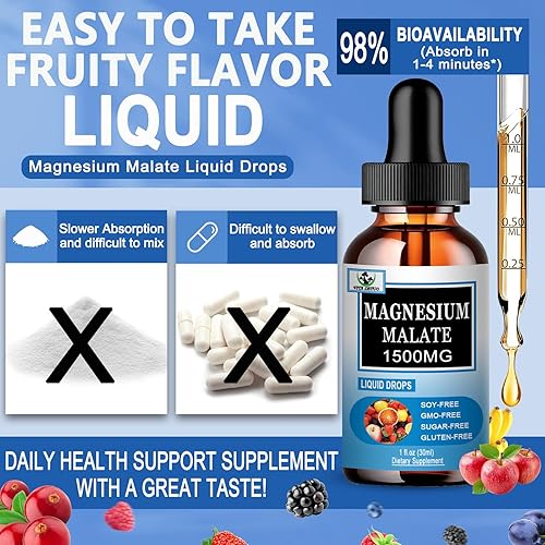 Miniatura 5 de Gotas líquidas de malato de magnesio, suplemento de magnesio líquido de alta absorción para energía saludable y apoyo a la función muscular, malato