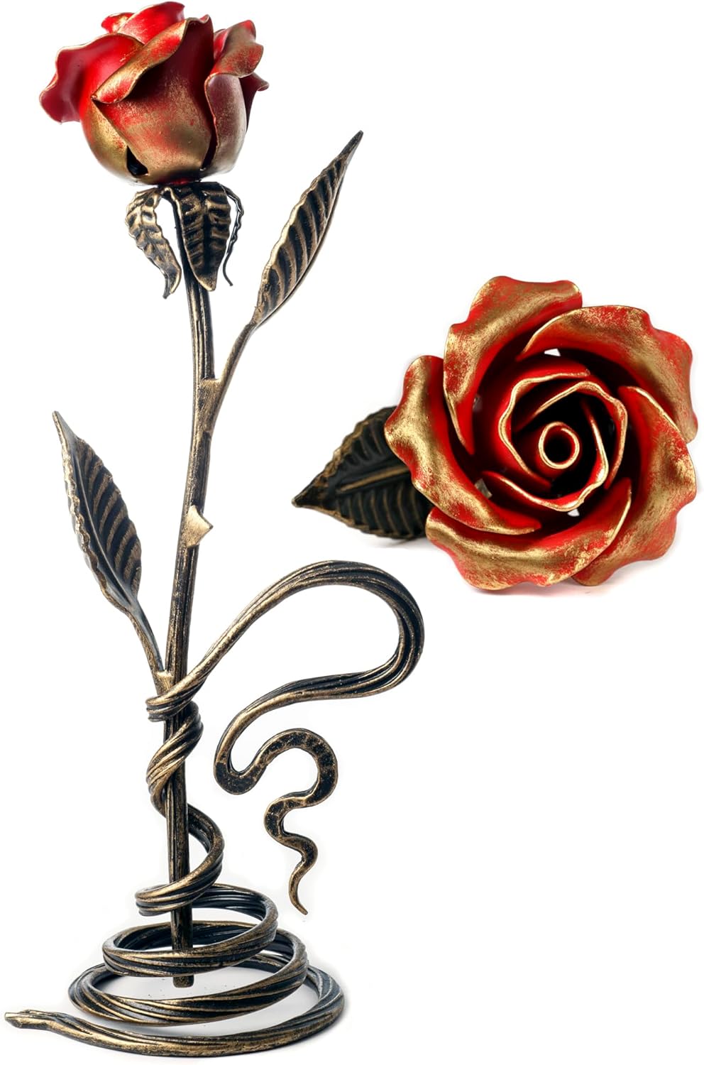 Red Iron Rose with Metal Stand - 6th Aniiversary Flower for Her - Hand Forged Long-Lasting Home Decor Figurine