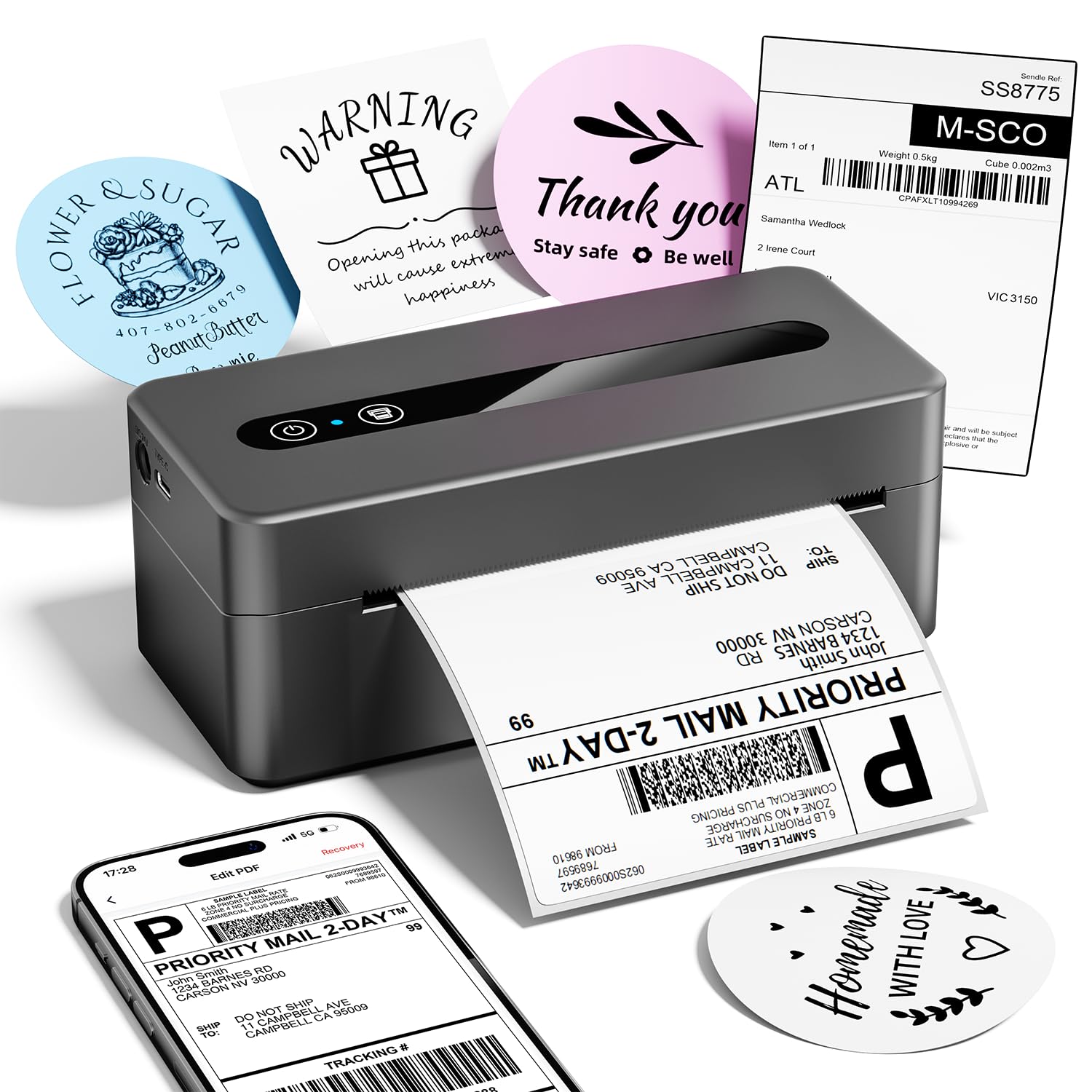 Stampante Etichette Spedizione, Stampante Termica Etichette Adesive 4x6 | Adatto per Pacchi e Piccole Imprese, Compatibile con Amazon, Vinted Shopify, UPS, Supporta iOS, Android, Windows e Mac