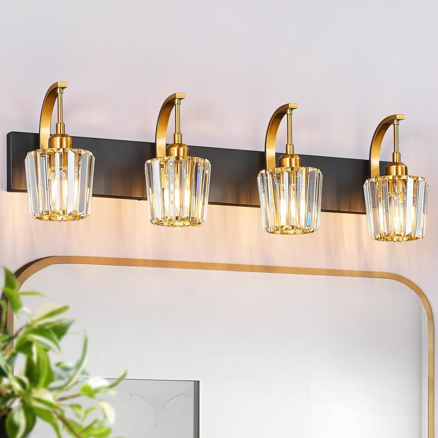 Modern Bathroom Vanity Light, 4-Light Black Gold Wall Sconce with Crystal Accents, Over Mirror Bathroom Lighting Fixture, 32.67" Long Dimmable Vanity Lamp for Makeup, Easy Installation Black Gold Conical 4-Light 32.67in