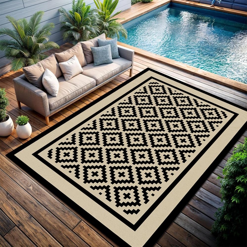 Tappeto da Esterno Impermeabile Pieghevole Reversibile Lavabile Giardino Patio Campeggio Balcone 183x274cm Beige Nero