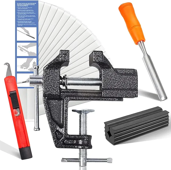 YIMISIMON Golf Club Grip Vise Clamp Kit for Regripping Golf Clubs - Include Retractable Hook Blade, 15 Tapes Strips (2"x 10"), Grip Tape Remover, Bench Vise & Rubber Clamp (Solvent Not Included)