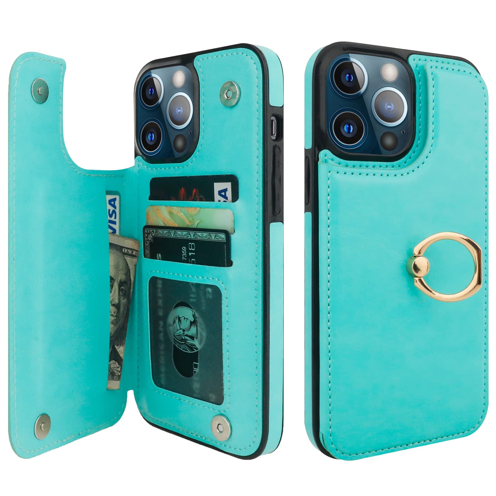ONETOP for iPhone 13 Pro Max Wallet Case with Card Holder, 360° Rotation Ring Kickstand RFID Blocking PU Leather Double Magnetic Clasp Shockproof